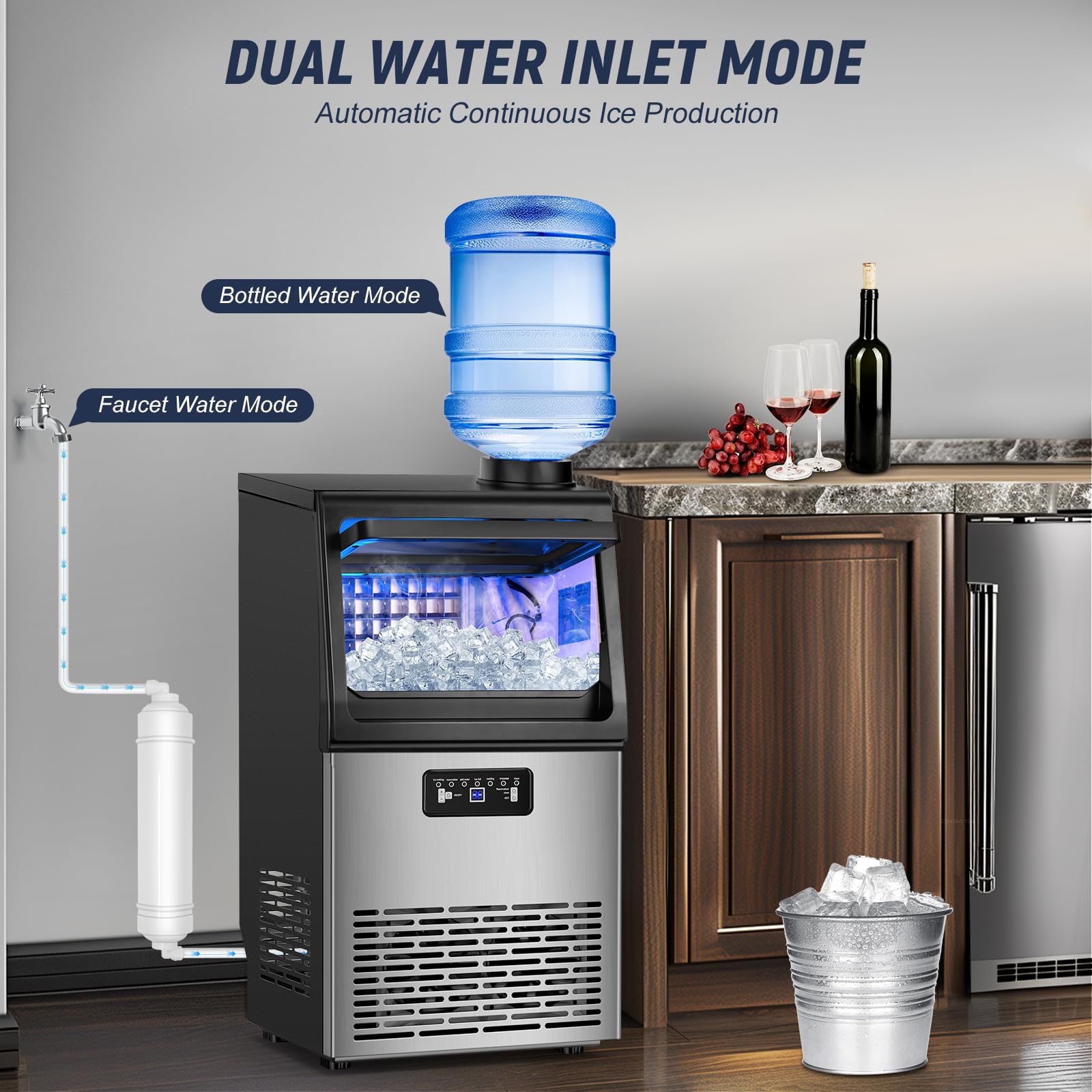 Commercial Ice Maker Machine 100LBS/24H with 20LBS Storage Bin - Self-Cleaning Undercounter/Freestanding Ice Maker for Home Bars, Restaurants & Outdoor Use - Features Gallon & Faucet Water Inlet - Produces 36PCS 15