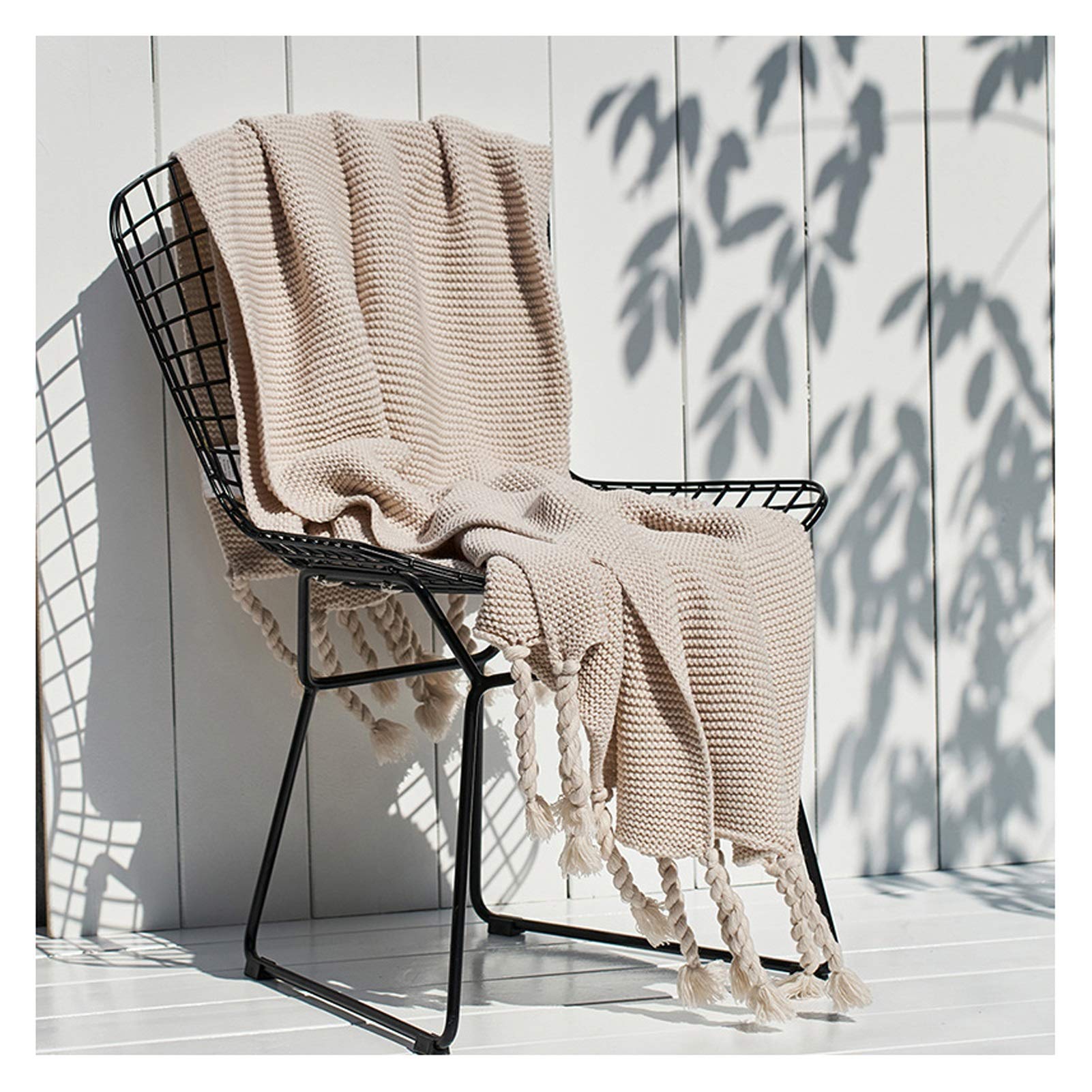 Soft Knitted Throw Blanket with Fringe Tassels - Lightweight Cozy Blanket for Sofa, Chair, Bed & Office - Home Décor Accent (Beige, 50x66 Inches) - Perfect for Lounging, Reading & Gift Giving