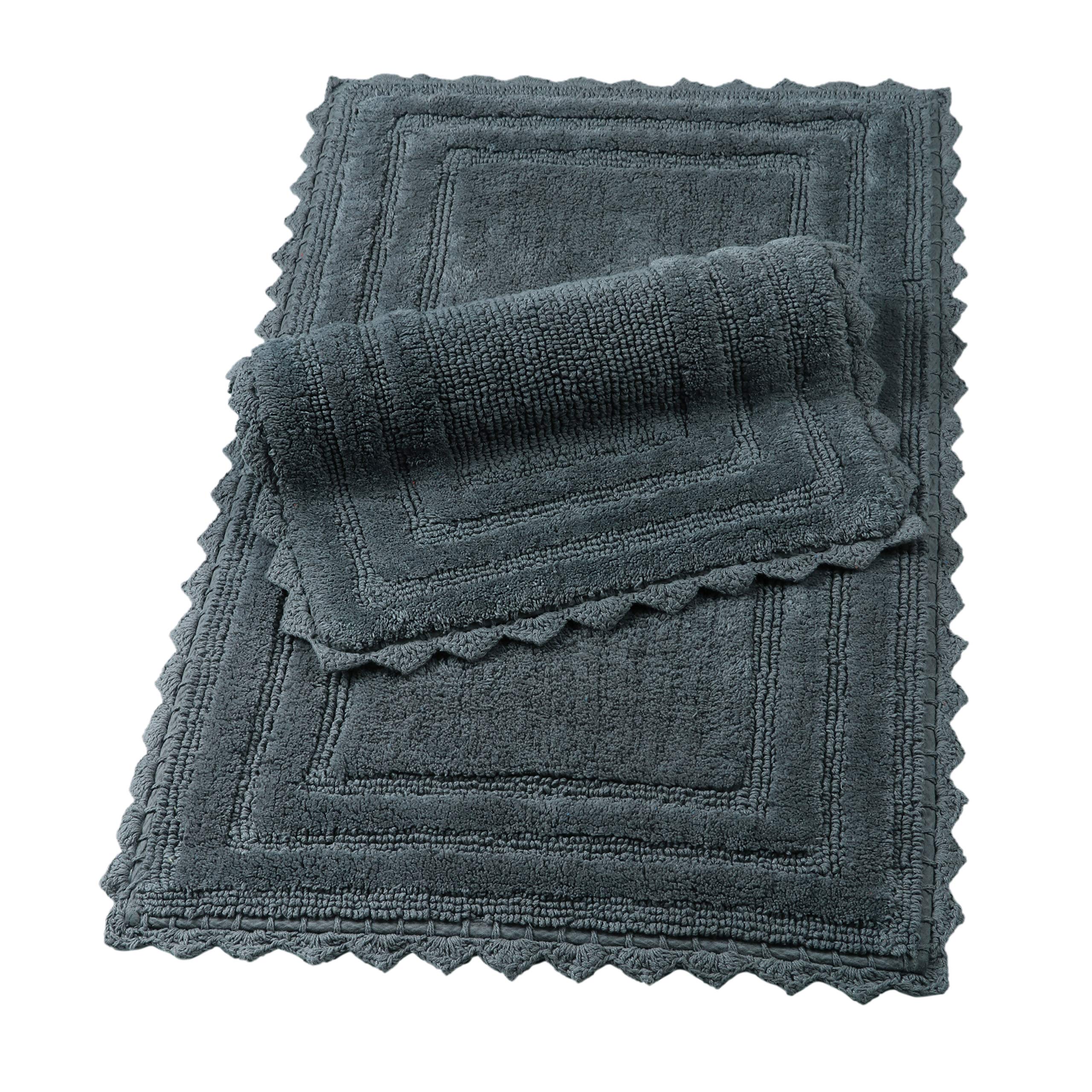 Premium Cotton Bath Rugs Set of 2 - Soft Plush Reversible with Crochet Border, Charcoal Grey (21