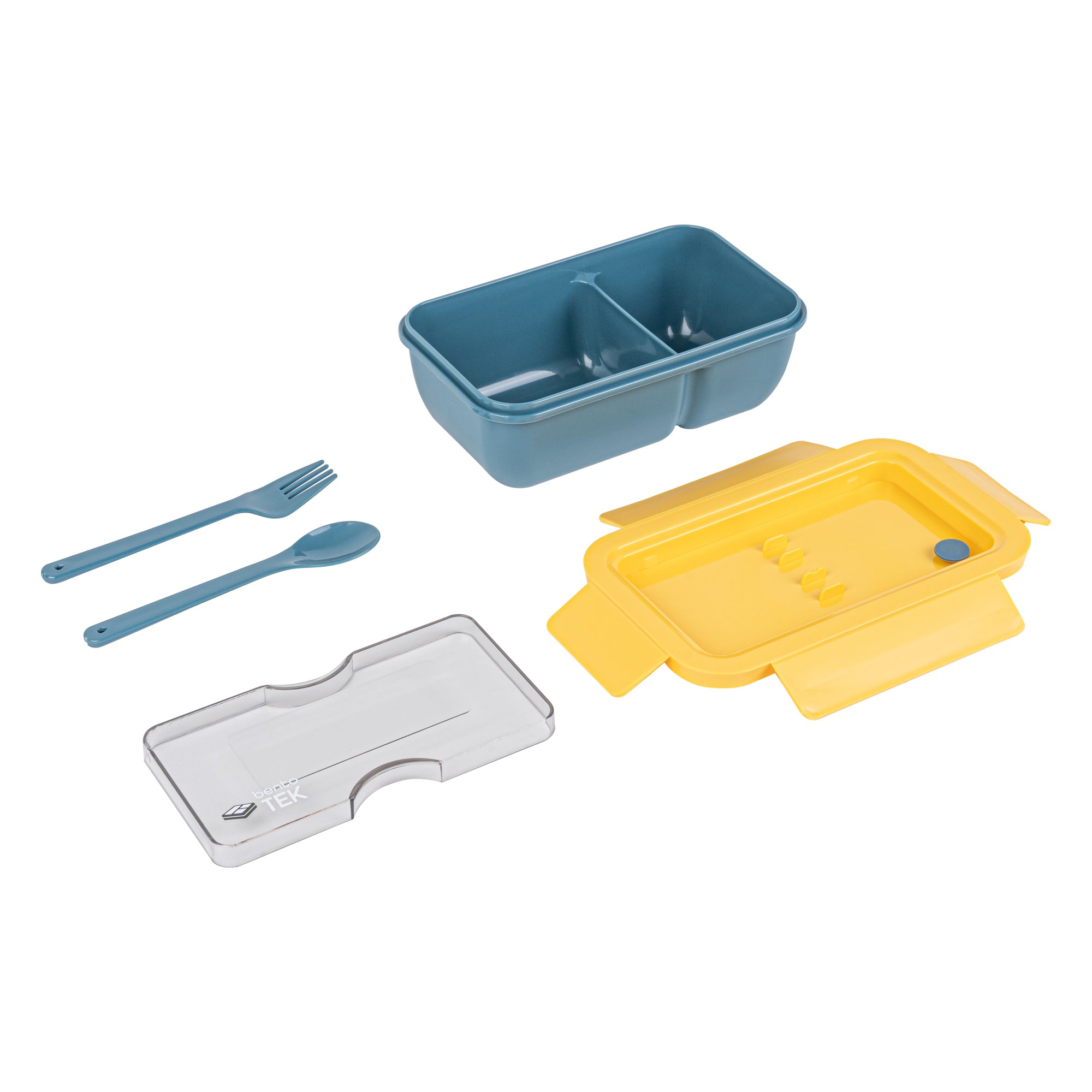 Bento Tek 29 oz Blue and Yellow BPA Free Lunch Box with Fork & Spoon - Microwave Safe, 7.75