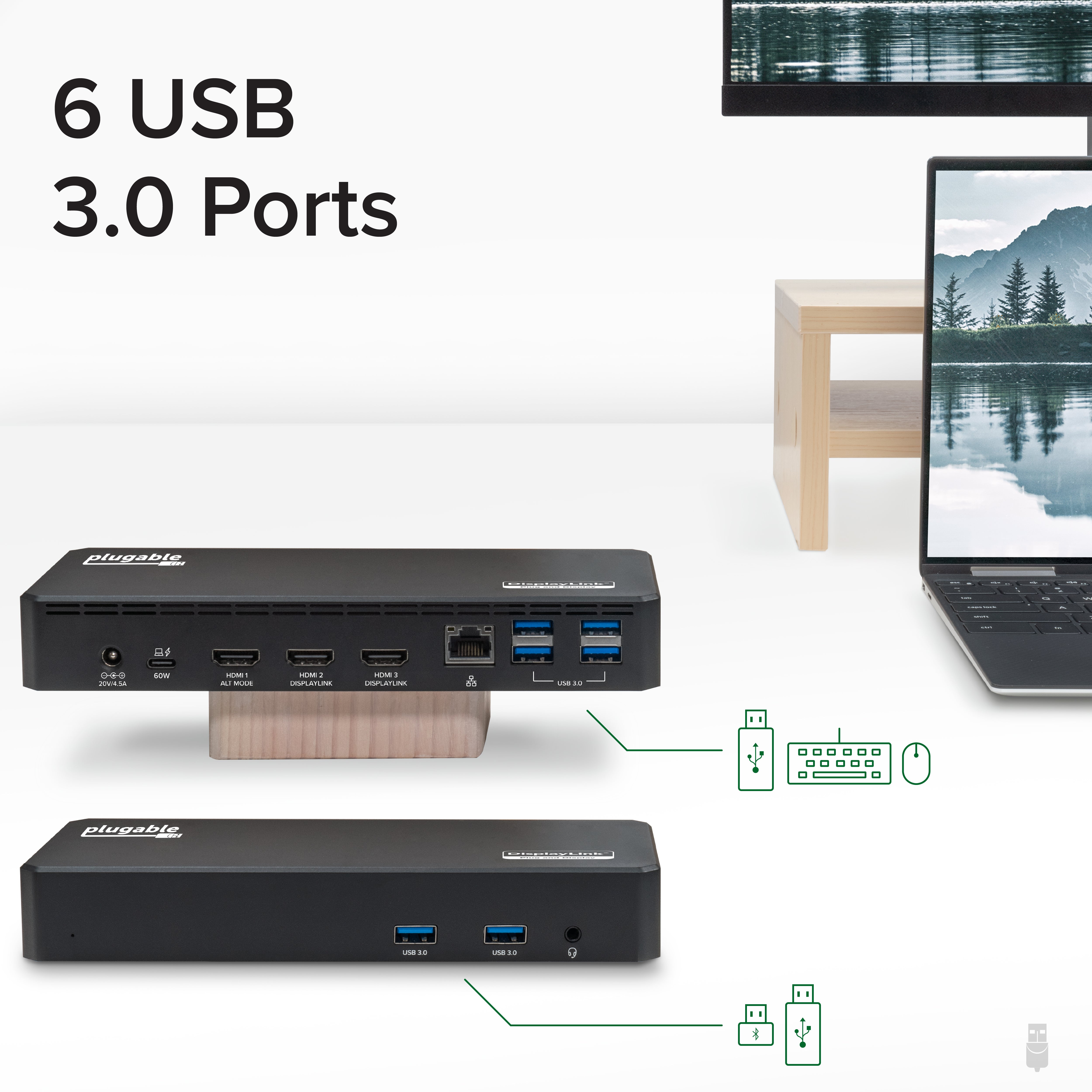Plugable USB C Triple Monitor Docking Station with 60W Laptop Charging - 4K HDMI & DisplayPort Adapters for MacBook Pro, Dell, HP - Home Office & Gaming Setup