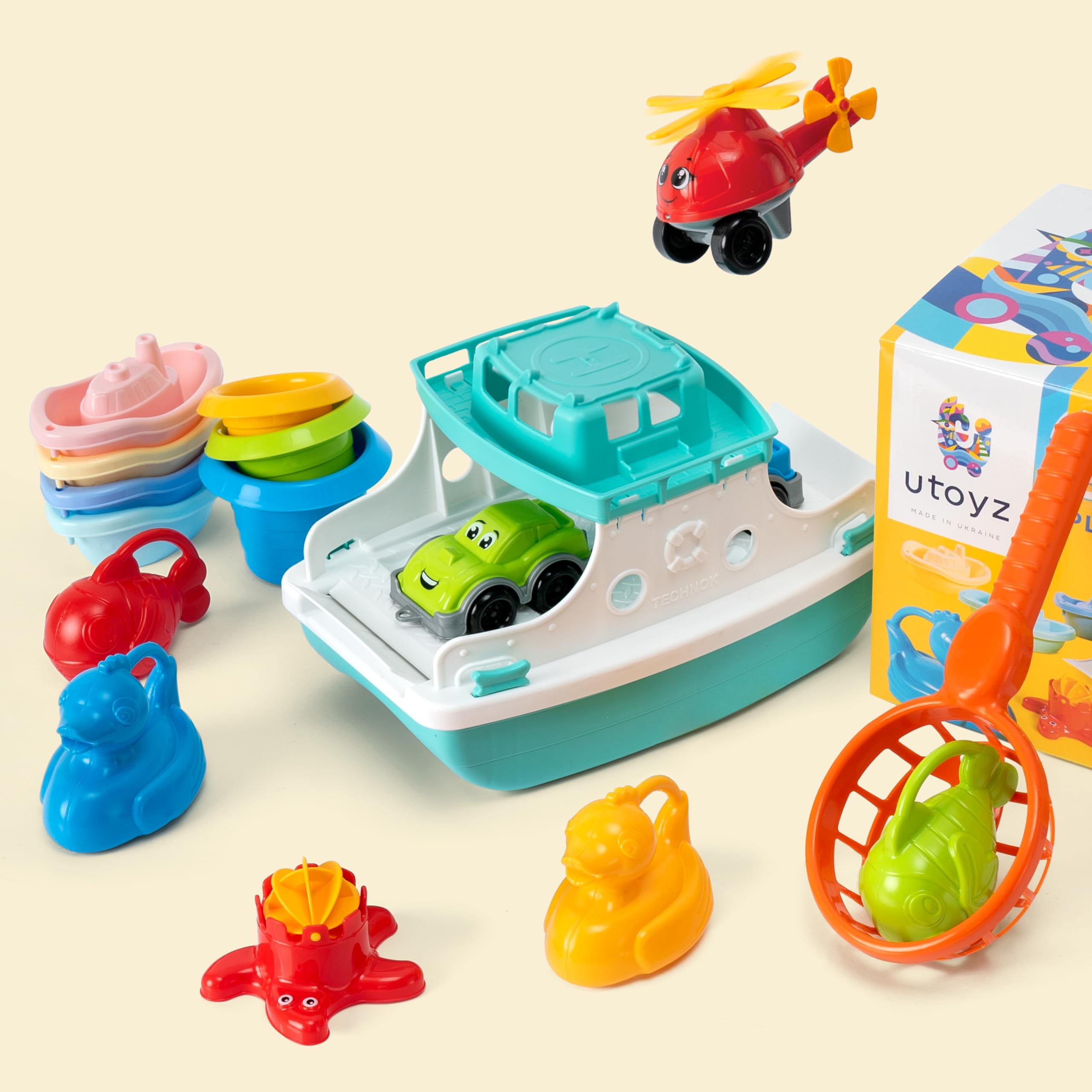 **Ferry Boat Toys Set with Helicopter & 2 Cars | Toddler Bath Toys for Boys & Girls | Stacking Cups & Water Play Boats | Fun Learning & Sensory Play for Bathtime & Pool**