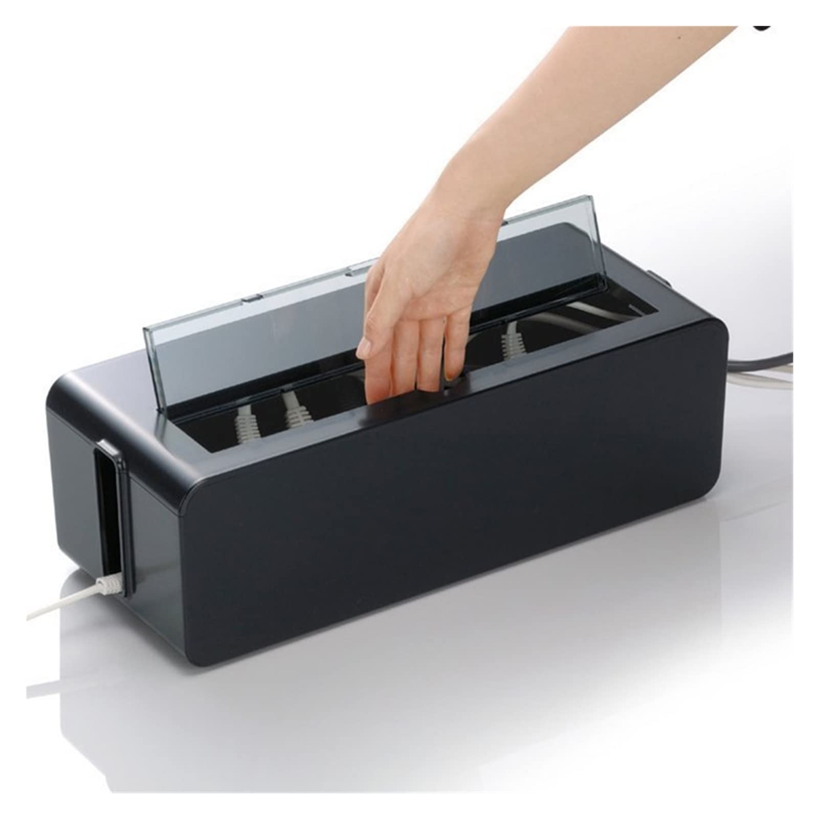 Plastic Safety Socket Outlet Storage Box with Skylit Design - Medium Black Cable Management Case for Electric Wires & Cords | Ideal for Home, Office & Workshop Organization