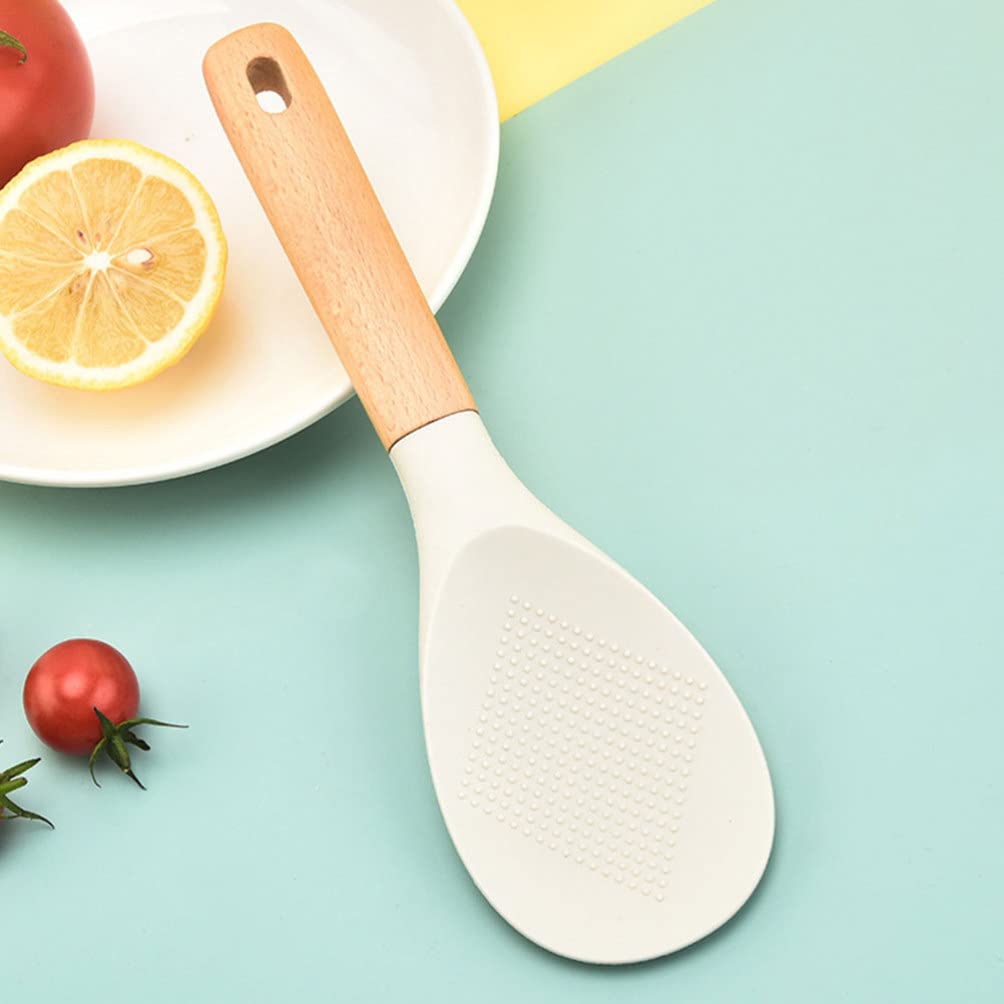 Kichvoe Wooden Handle Silicone Rice Spoon - Non-Stick Rice Paddle & Scooper for Cooking, Serving - Perfect for Rice Bowls, Sushi, Stir Fry & Meal Prep