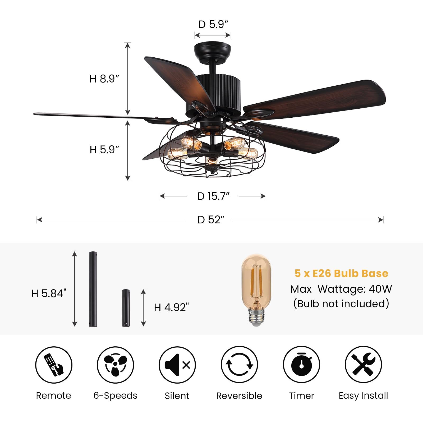CROSSIO 52 Inch Farmhouse Ceiling Fan with Light Kit and Remote Control - Industrial Style Cage Ceiling Fan - 5 Reversible Wooden Blades - Rustic Black Finish - Perfect for Dining Room, Living Room, Bedroom, Porch and Patio