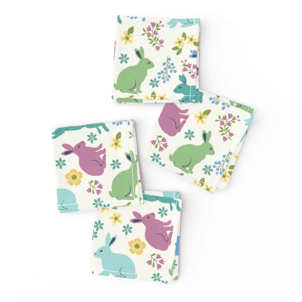 Springtime Bunnies Cotton Linen Cocktail Napkins Set of 4 - Easter White Rabbits & Purple Rainbow Animal Print for Kids | Perfect for Easter Parties, Spring Celebrations & Home Decor