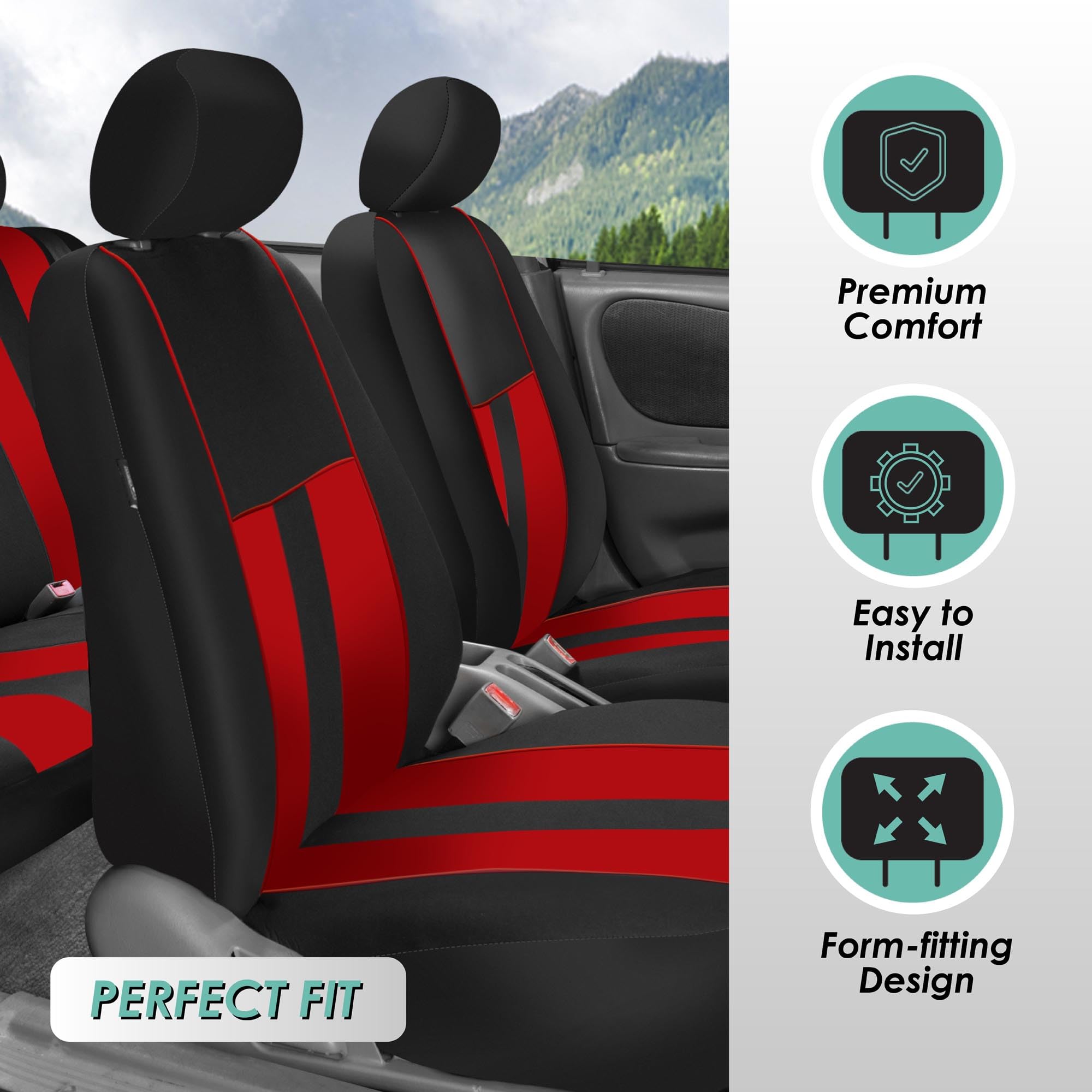 Premium FH Group Universal Car Seat Covers Full Set - Breathable Cloth Fabric, Airbag Compatible for Sedan, SUV, Van | Low Back Front & Split Bench Rear Seat Protectors | Perfect for Daily Commute, Road Trips & Family Travel (Red)