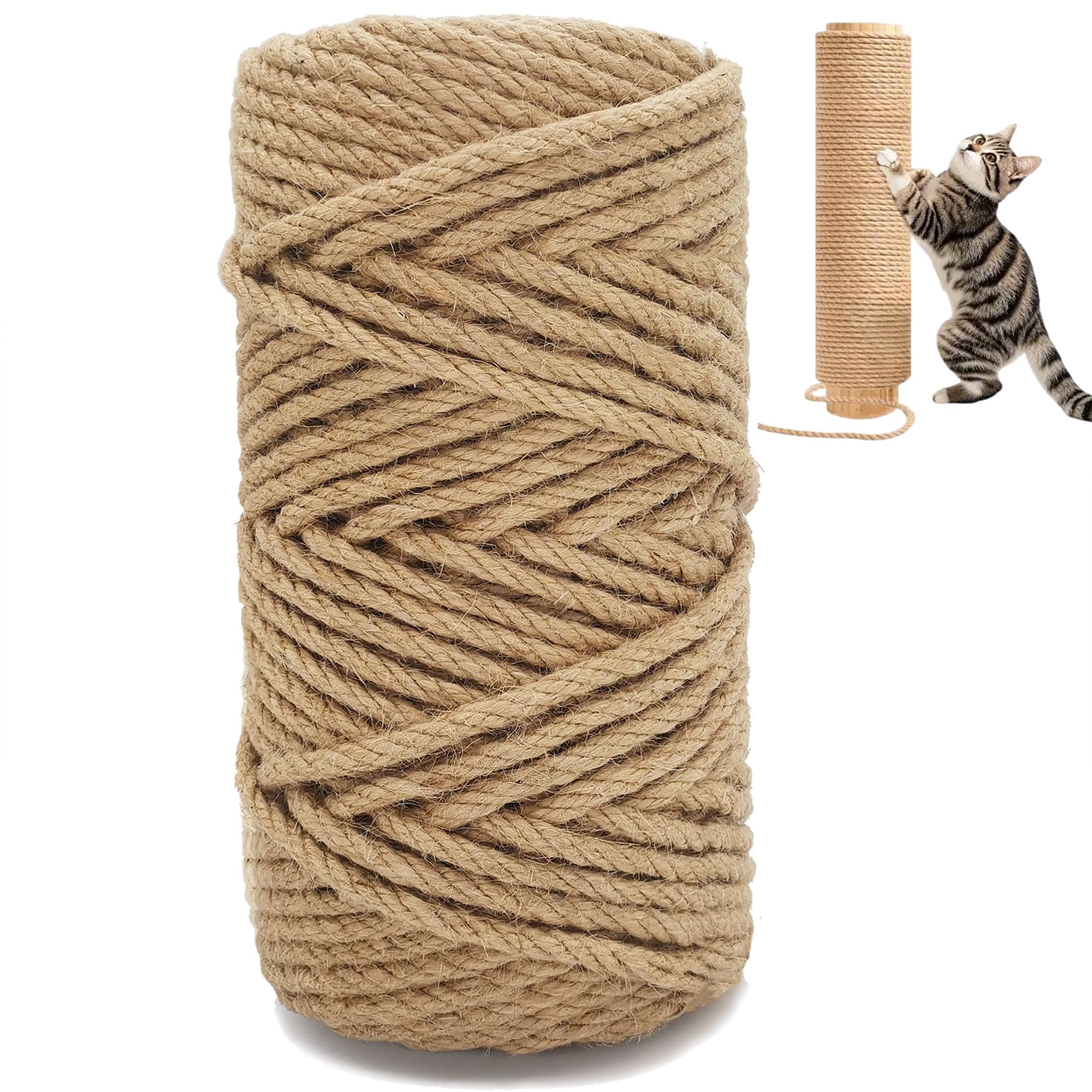 Natural 6mm Thick 164FT/50M Sisal Rope for Cat Scratcher & Scratch Post Repair - Durable Jute Rope for DIY Cat Tree Tower, Scratching Post & Cat Furniture - Perfect for Indoor Cat Play & Scratching Needs