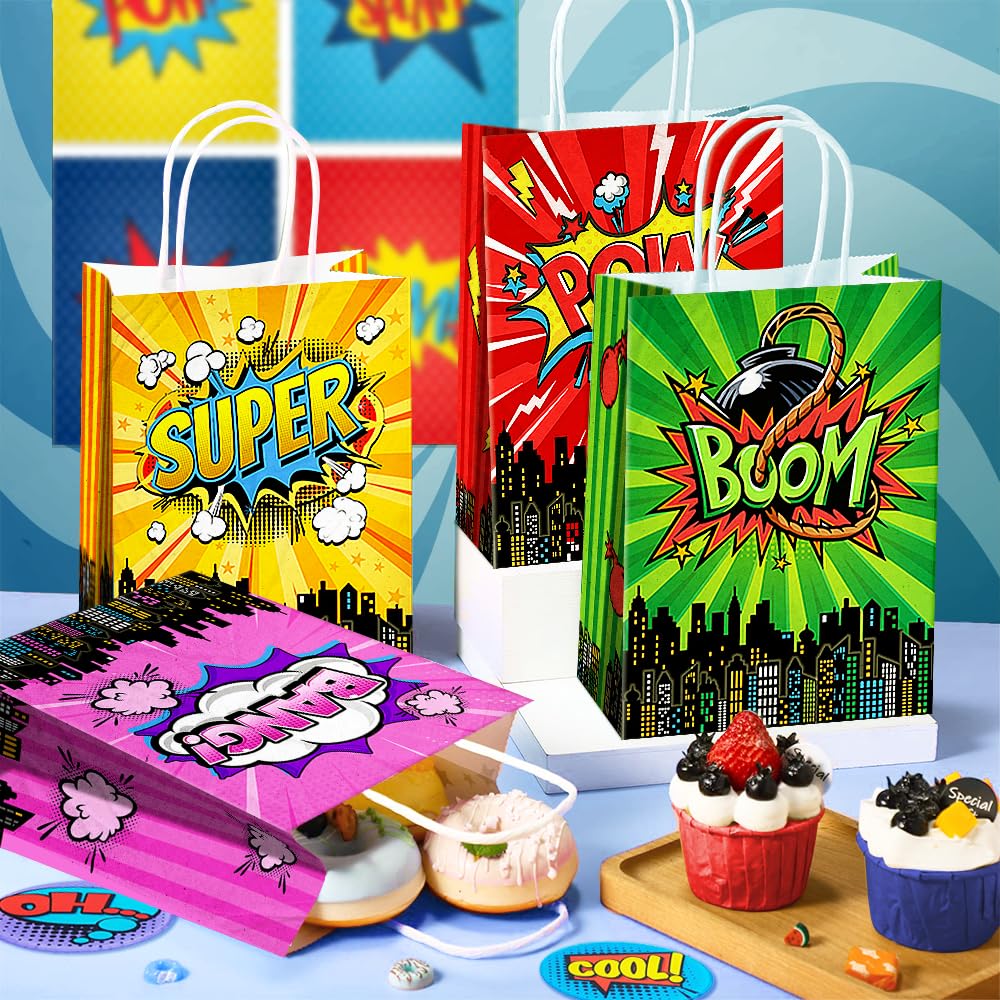 24 Pcs Hero Party Favor Bags with Handles - Comic Hero Theme Goodie Bags for Kids Birthday Party, Baby Shower & Special Events | Kraft Paper Gift Bags with Handles for Candy, Treats & Party Supplies | Perfect for Superhero Themed Decorations & Party Favors