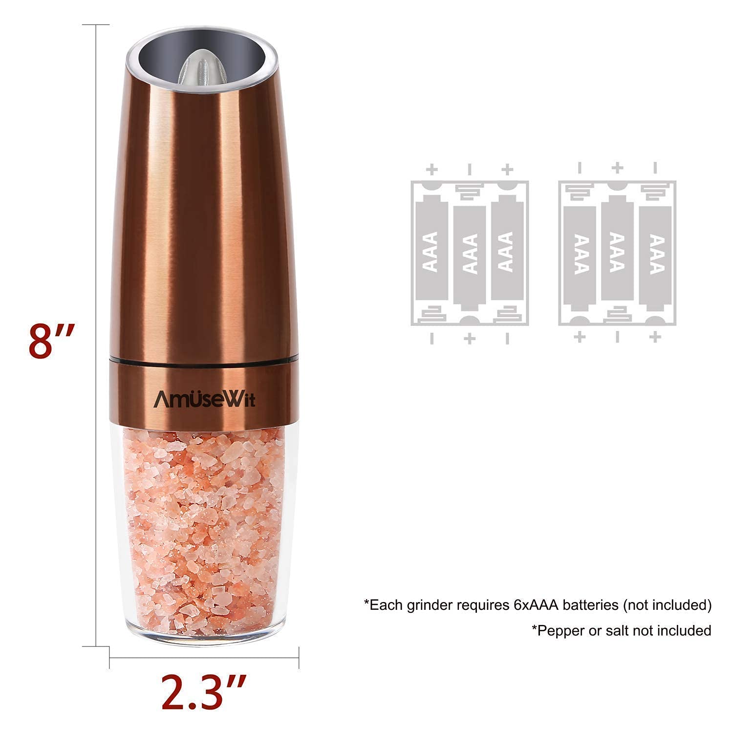 AmuseWit 4-Piece Electric Gravity Salt and Pepper Grinder Set - Battery Powered Automatic Mill with Adjustable Coarseness, One-Hand Operation, LED Light & Cleaning Brush - Perfect for Kitchen, Dining Table, Camping & Gifts