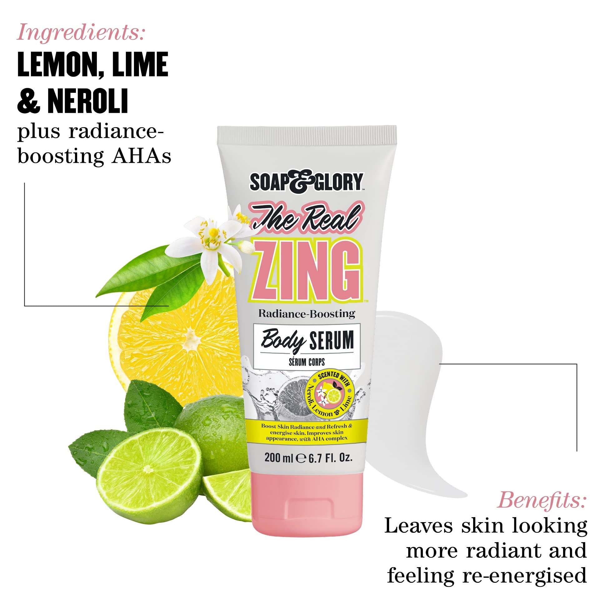 Soap & Glory The Real Zing Body Serum - AHA Fruit Complex Radiance Boosting Moisturizer for Dry Skin | Skin Brightening & Hydrating Body Lotion with Citrus Scent | Perfect for Daily Use, Post-Shower Hydration & Summer Skin Care (200ml)