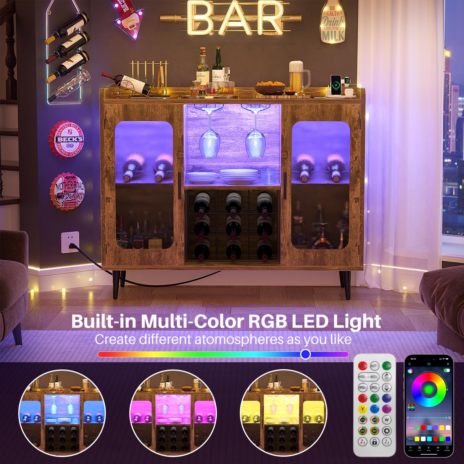 Rustic Brown Wine Bar Cabinet with Power Outlet & LED Lighting - Home Bar Cabinet with Glass Holder & Storage Shelf, Coffee Bar Sideboard for Kitchen, Dining Room - Perfect for Entertaining, Home Decor & Small Space Storage
