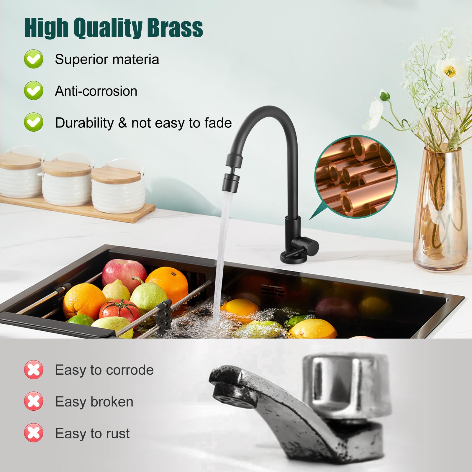 360° Swivel Matte Black High Arc Kitchen Faucet - Cold Water Only, Brass Goose Neck Sink Tap for Modern Home & Restaurant Use