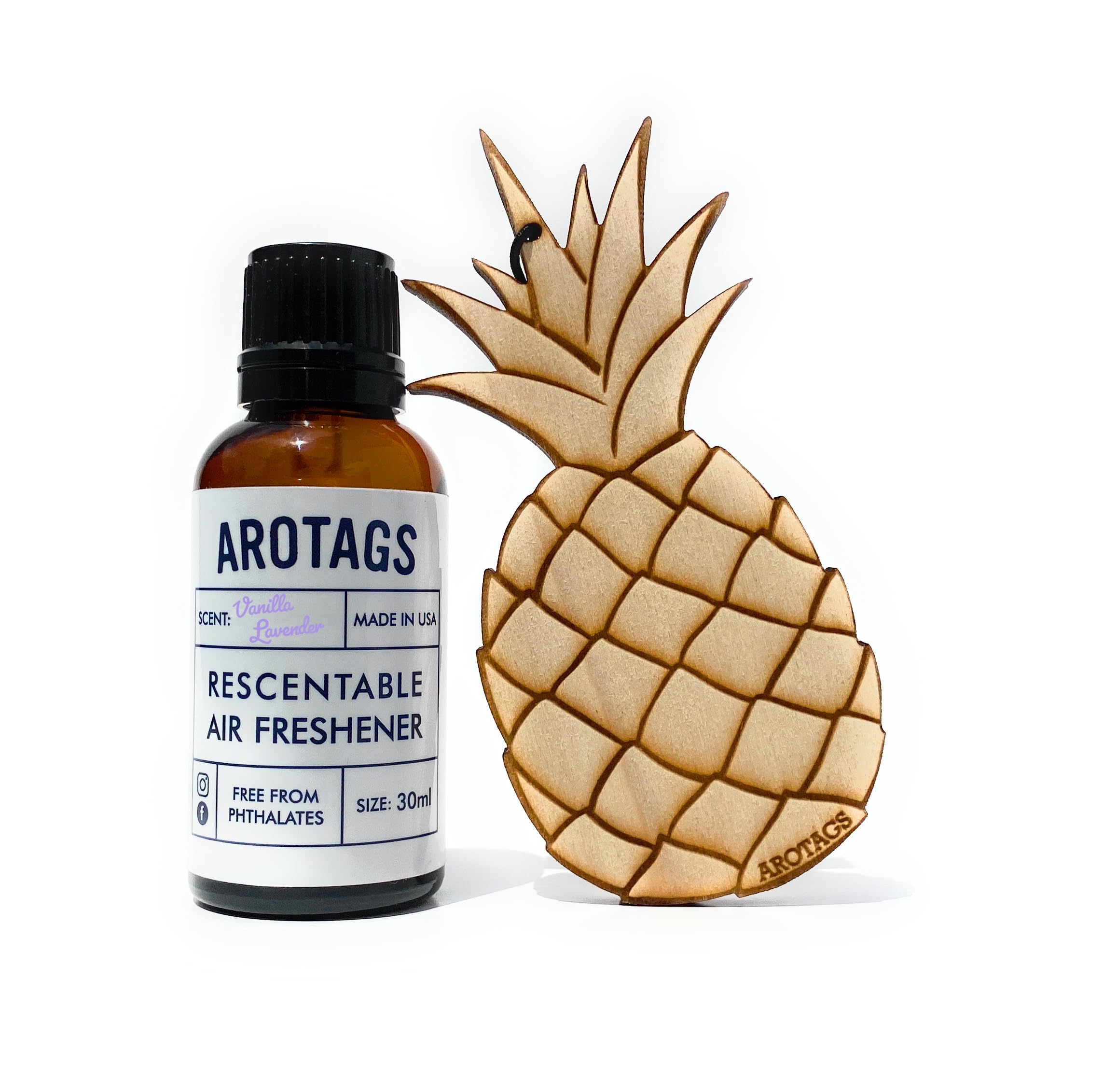 Premium Wooden Car Air Freshener - 365+ Days Long-Lasting Vanilla Lavender Scent - Includes Pineapple Hanging Mirror Diffuser & Fragrance Oil - 100% American Made - Perfect for Cars, Offices & Home Décor