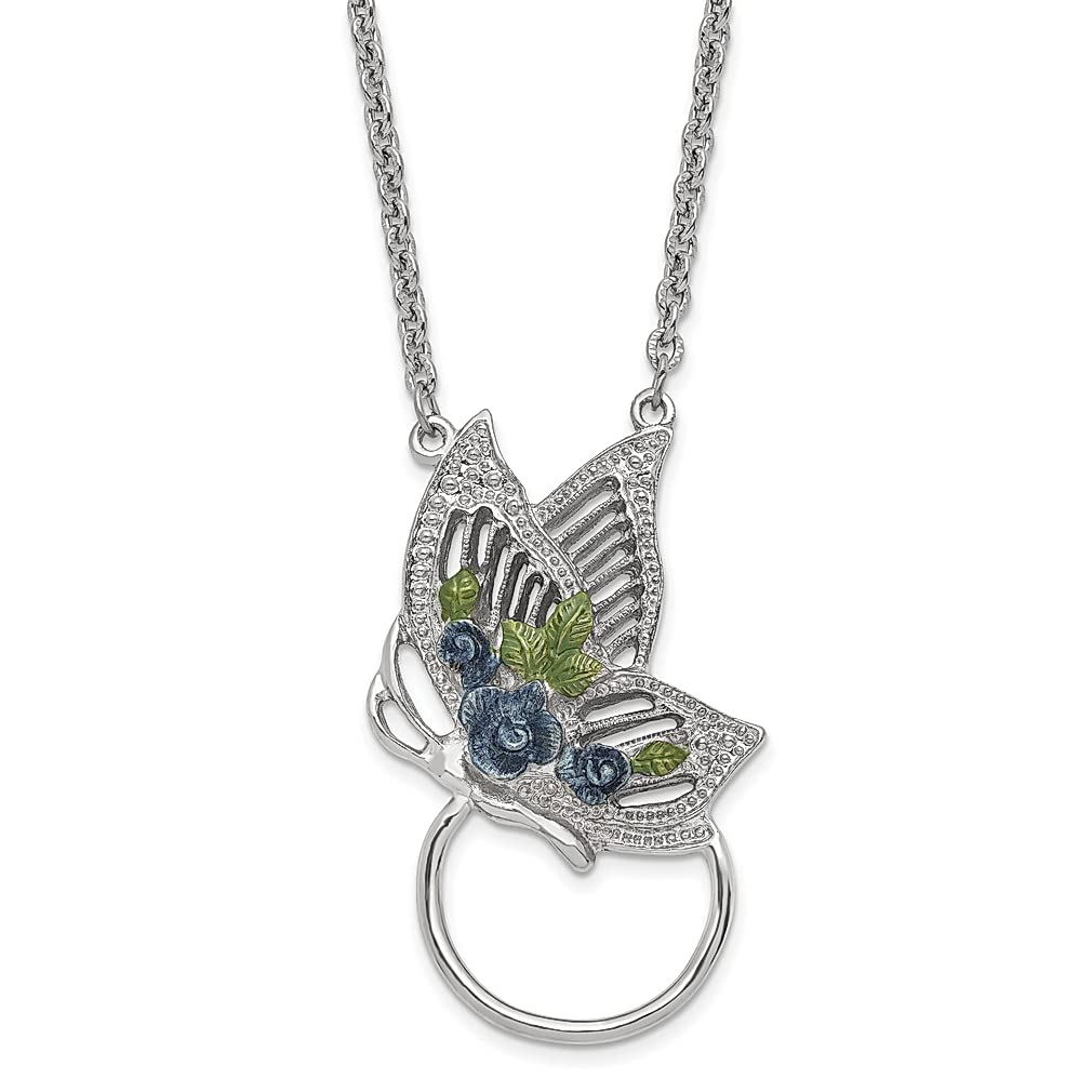 ICE CARATS 1928 Silver Tone Butterfly Green Blue Enameled Floral 28 Inch Eyeglass Chain Necklace - Badge Holder Pendant Charm for Women - Elegant Fashion Jewelry Gift for Her - Perfect for Office Wear, Reading Glasses & Special Occasions