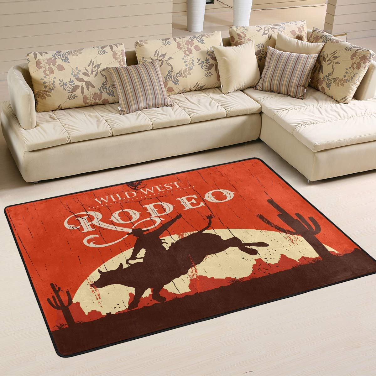 ALAZA Western Cowboy Bull Cactus Print Area Rug 6'x4' - Non-Slip Floor Mat for Living Room, Bedroom, Dorm & Ranch Style Decor