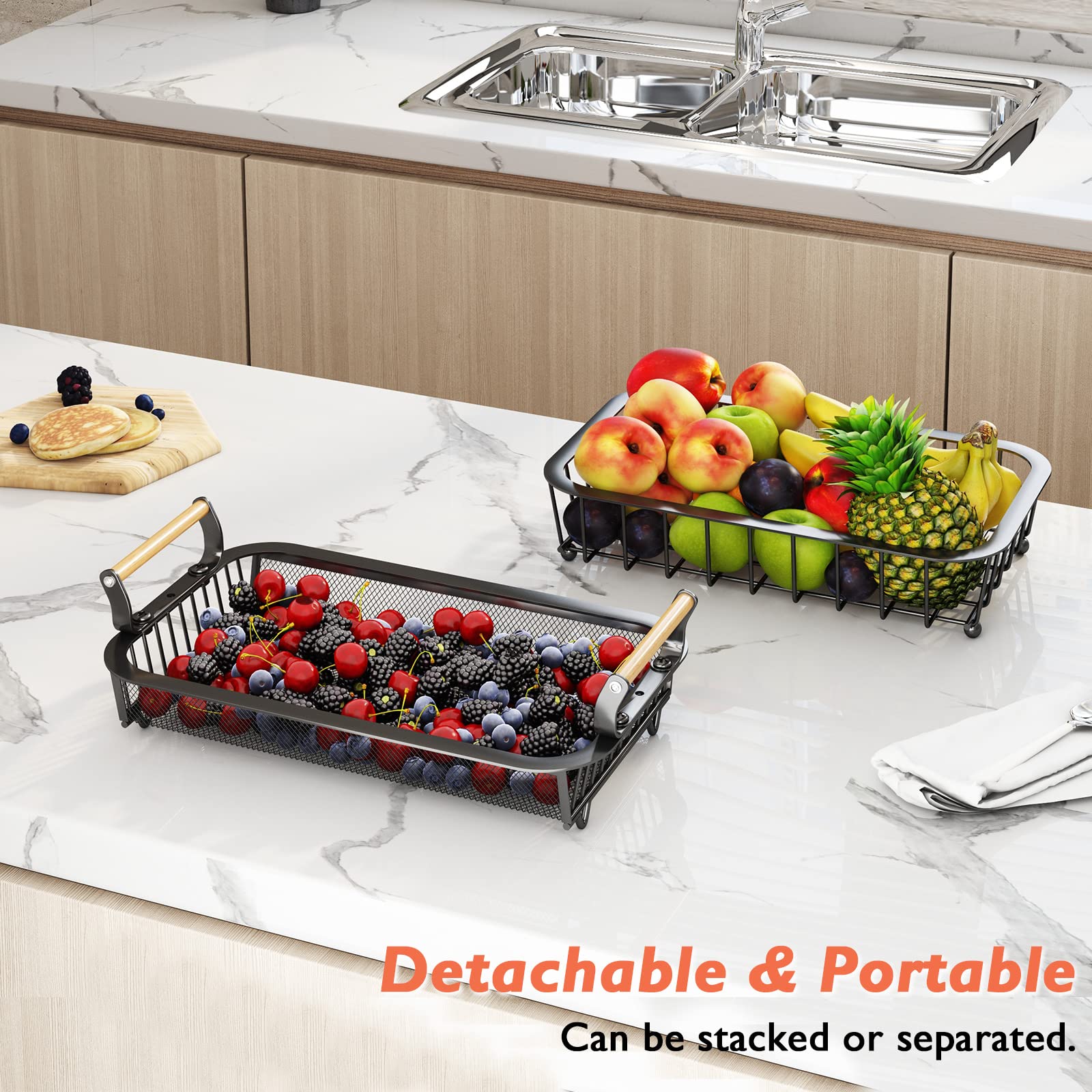 2-Tier Metal Fruit Basket with Banana Hangers - Countertop Kitchen Organizer for Fruits, Vegetables, Onions, Potatoes, Bread & Snacks - Perfect for Pantry, Dining Table & Countertop Storage