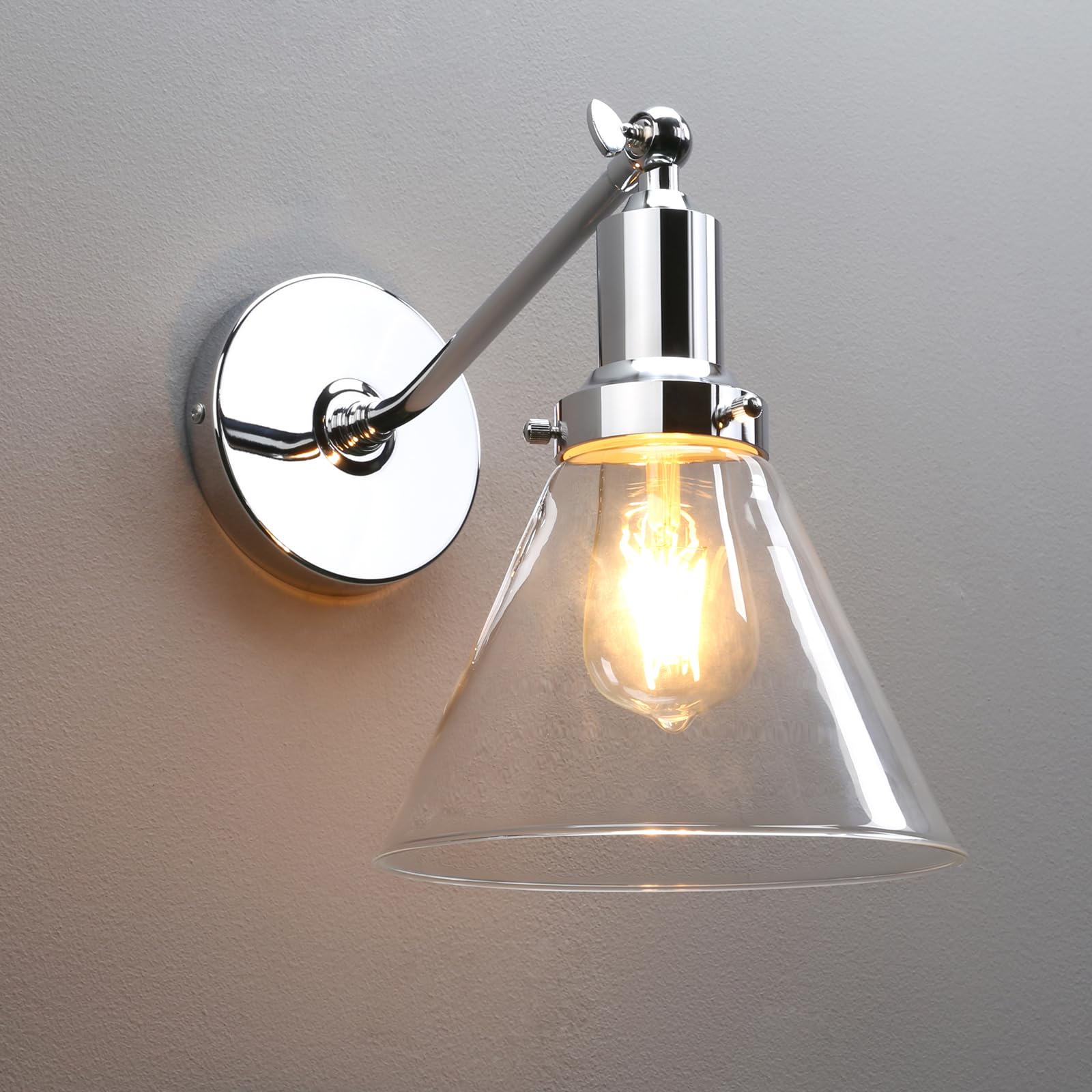 PERMO Industrial Vintage Wall Sconce Light Fixture - Single Slope Pole Mount with Clear Funnel Flared Glass Shade - Chrome Finish - Perfect for Farmhouse, Loft & Industrial Decor Lighting
