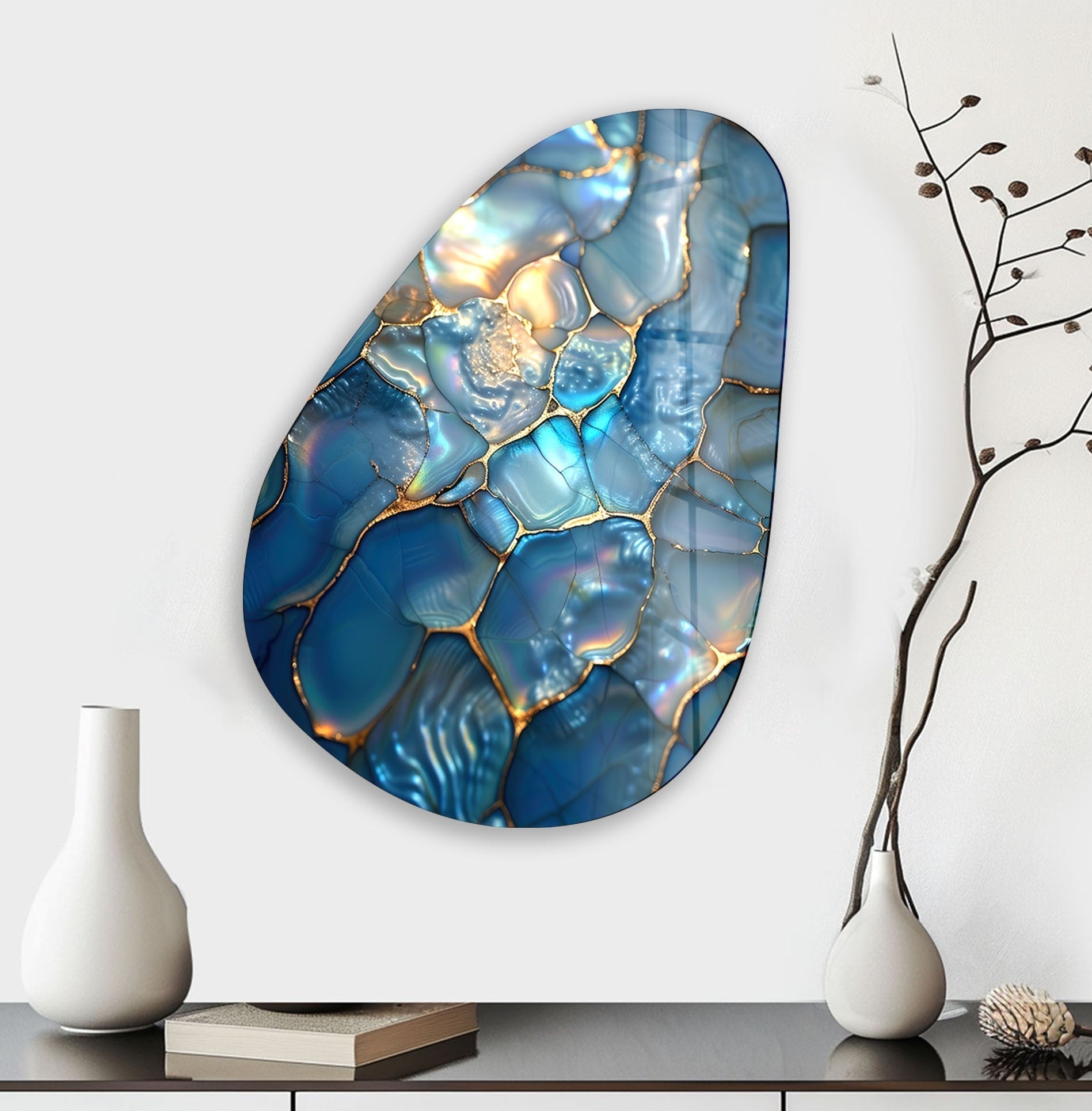Modern Asymmetrical Oval Shiny Cracked Glass Wall Art - Elegant Home Decor for Living Room, Bedroom & Office