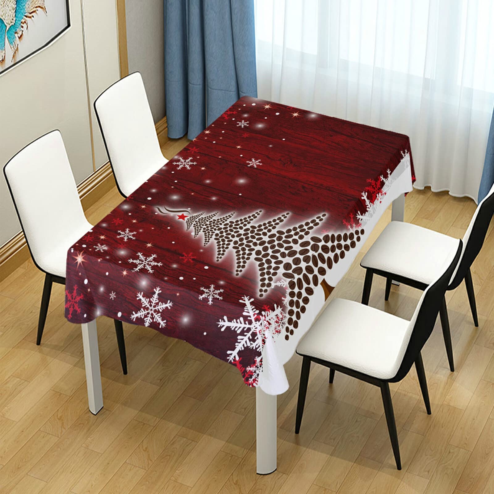 Premium Christmas Party Tablecloth - 54 Inch Square Coffee Bean Wood Grain Snowflake Design Polyester Table Cover for Holiday Dinner Decorations | Perfect for Christmas Parties, Family Gatherings & Festive Dining Tables