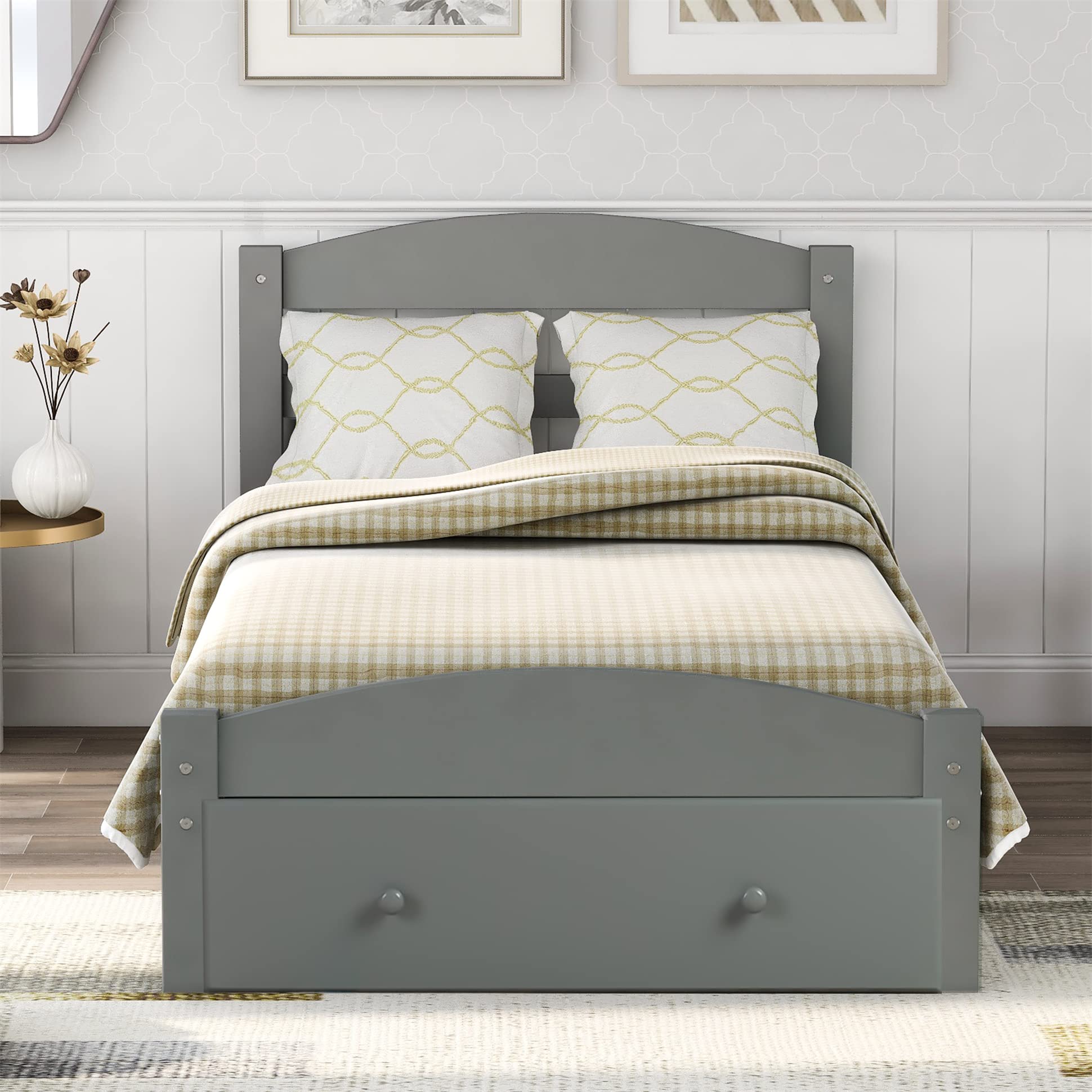 Harper & Bright Designs Twin Size Storage Bed with Headboard & Wooden Slats - No Box Spring Needed, Space-Saving Platform Bed Frame (Gray) - Perfect for Kids Rooms, Guest Bedrooms & Small Apartments