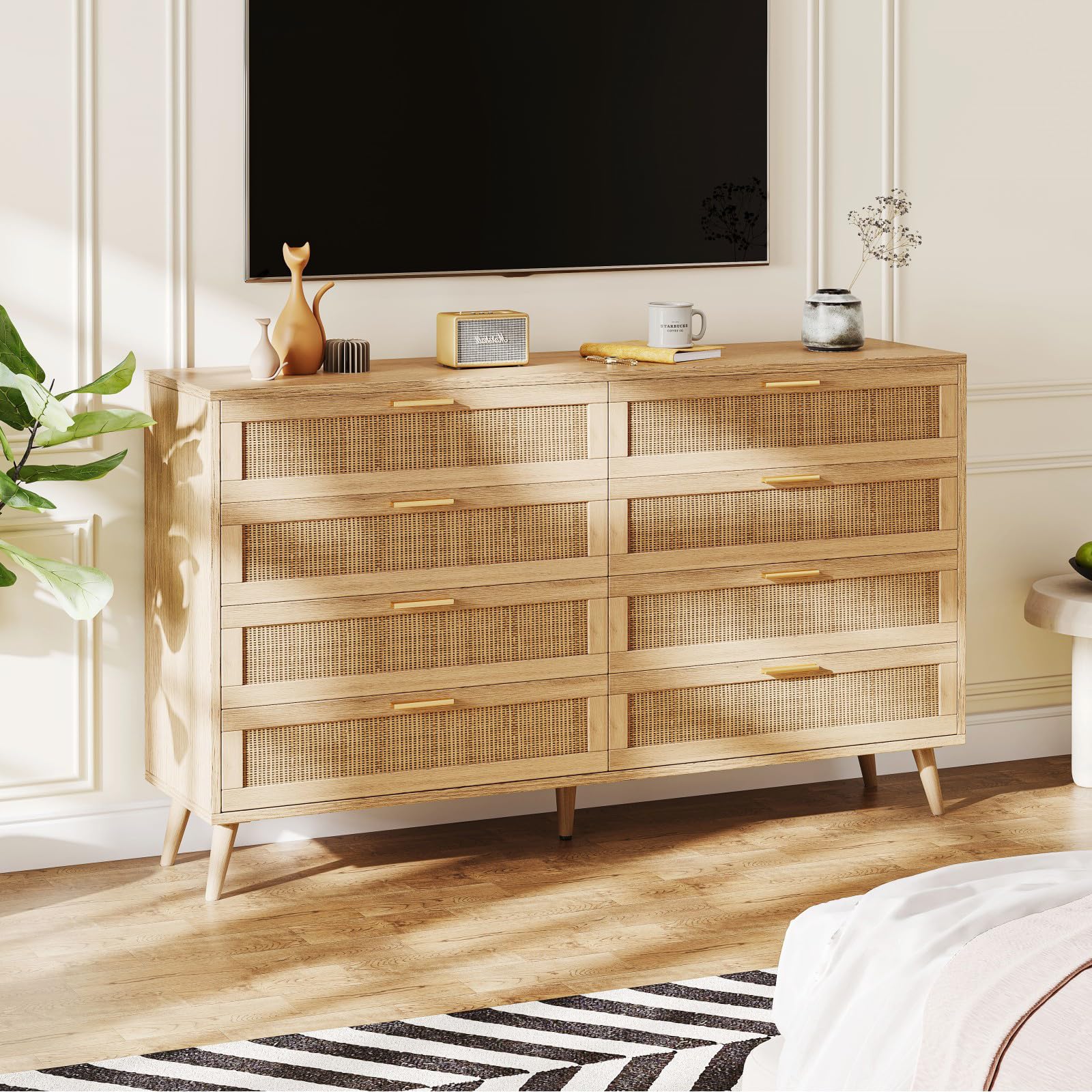 Rovaurx 8-Drawer Double Dresser - Modern Rattan Wooden Chest with Gold Handles for Bedroom, Living Room & Entryway - Stylish Storage Solution for Clothes, Linens & Home Organization