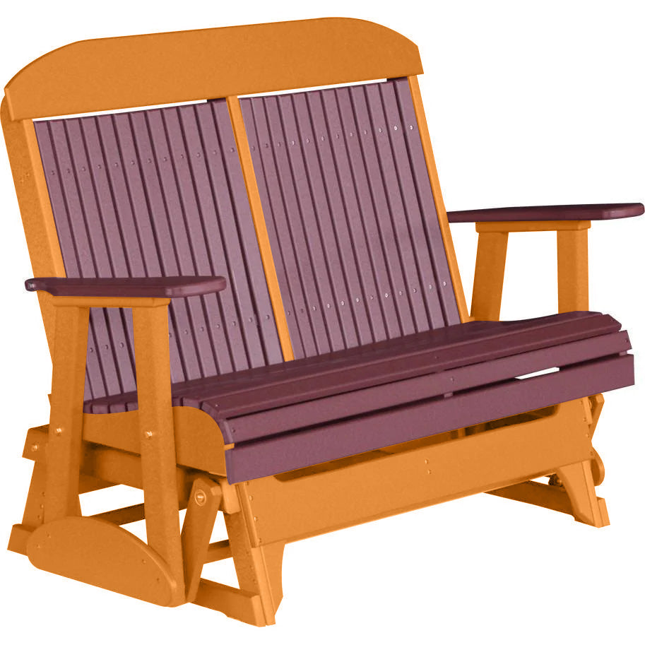 LuxCraft 4 ft. Cherry Wood Recycled Plastic Highback Outdoor Glider Bench - Perfect for Patio, Garden, and Backyard Relaxation