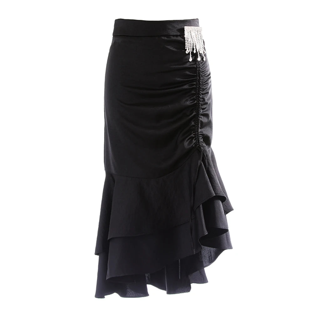 Black Patchwork Mesh Skirt for Women - High Waist Chain Tassel Loose Midi Skirt | Summer Fashion Clothing | Perfect for Parties, Dates & Casual Outfits