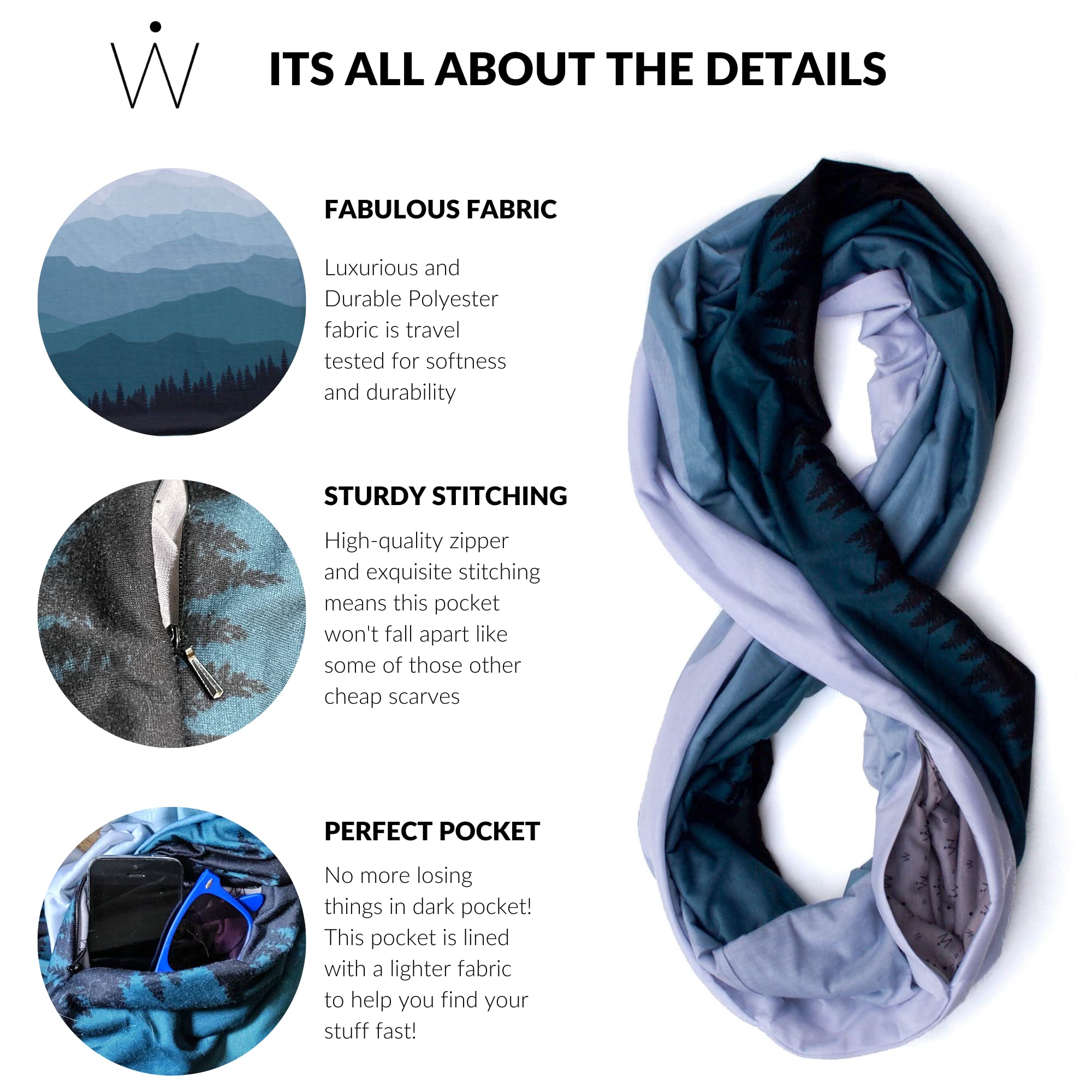 WAYPOINT GOODS Infinity Travel Scarf with Hidden Zipper Pocket for Women - Lightweight Cotton Bamboo Blend - Perfect for Airplane Travel, Commuting & Outdoor Adventures