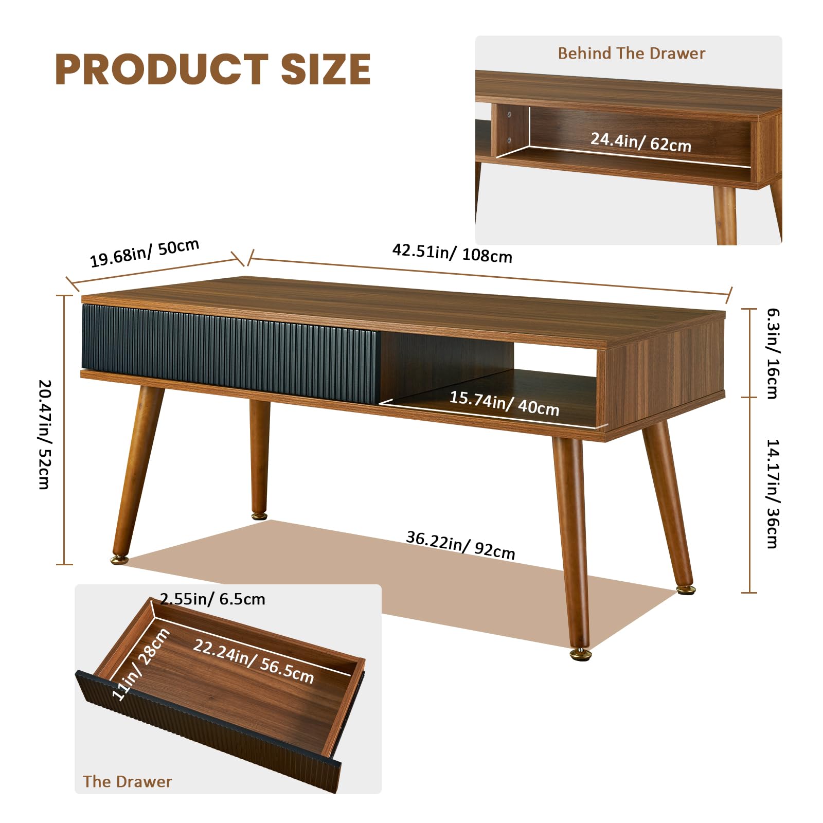 Artswish Mid Century Modern Coffee Table with Drawer & Open Storage - Walnut Wood Living Room Table for Home Decor | Perfect for Small Spaces, Apartments & Cozy Living Rooms