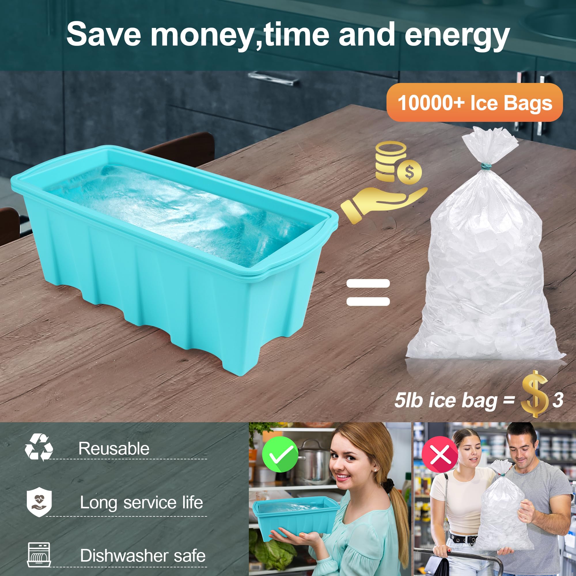 Ztomine Extra Large Silicone Ice Block Molds - Reusable Non-Stick Big Ice Cube Trays for Cocktails & Whiskey - Durable Portable Ice Bath Accessories for Parties, BBQ & Outdoor Events - Pack of 3 (Aqua)