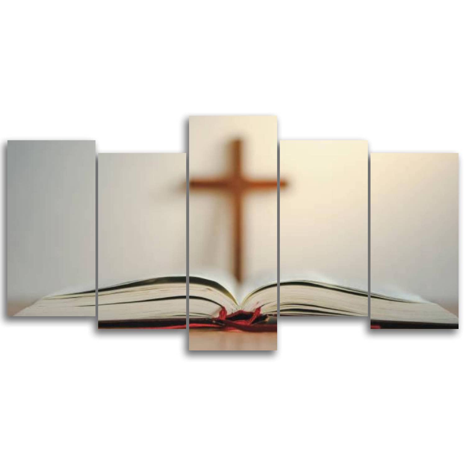 Christian Canvas Wall Art - Open Holy Bible & Wooden Cross on Desk with Window Light - Worship & Prayer Concept Painting - 5 Panel Abstract Artwork for Living Room, Bedroom, Church - Perfect for Home Decor & Spiritual Inspiration