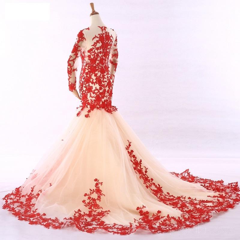 Elegant Long Sleeve Red Lace Mermaid Evening Gown - Custom Sweet 16 Prom Dress for Women | Perfect for Formal Dances, Quinceañeras & Special Occasions