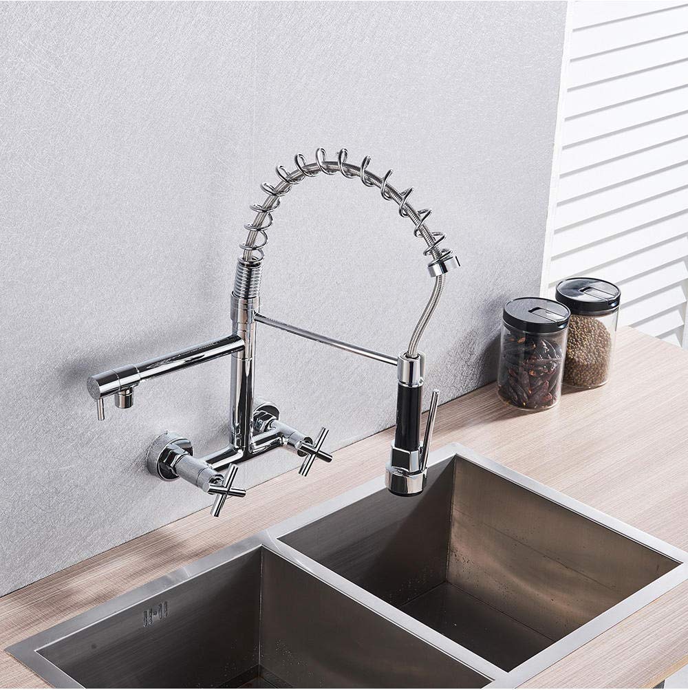 Wall Mount Spring Basin Kitchen Faucet - Pull Down Sprayer with Hot & Cold Water Mixer - Dual Handle Swivel Spout Sink Tap for Modern Kitchens & Bathroom Vanities