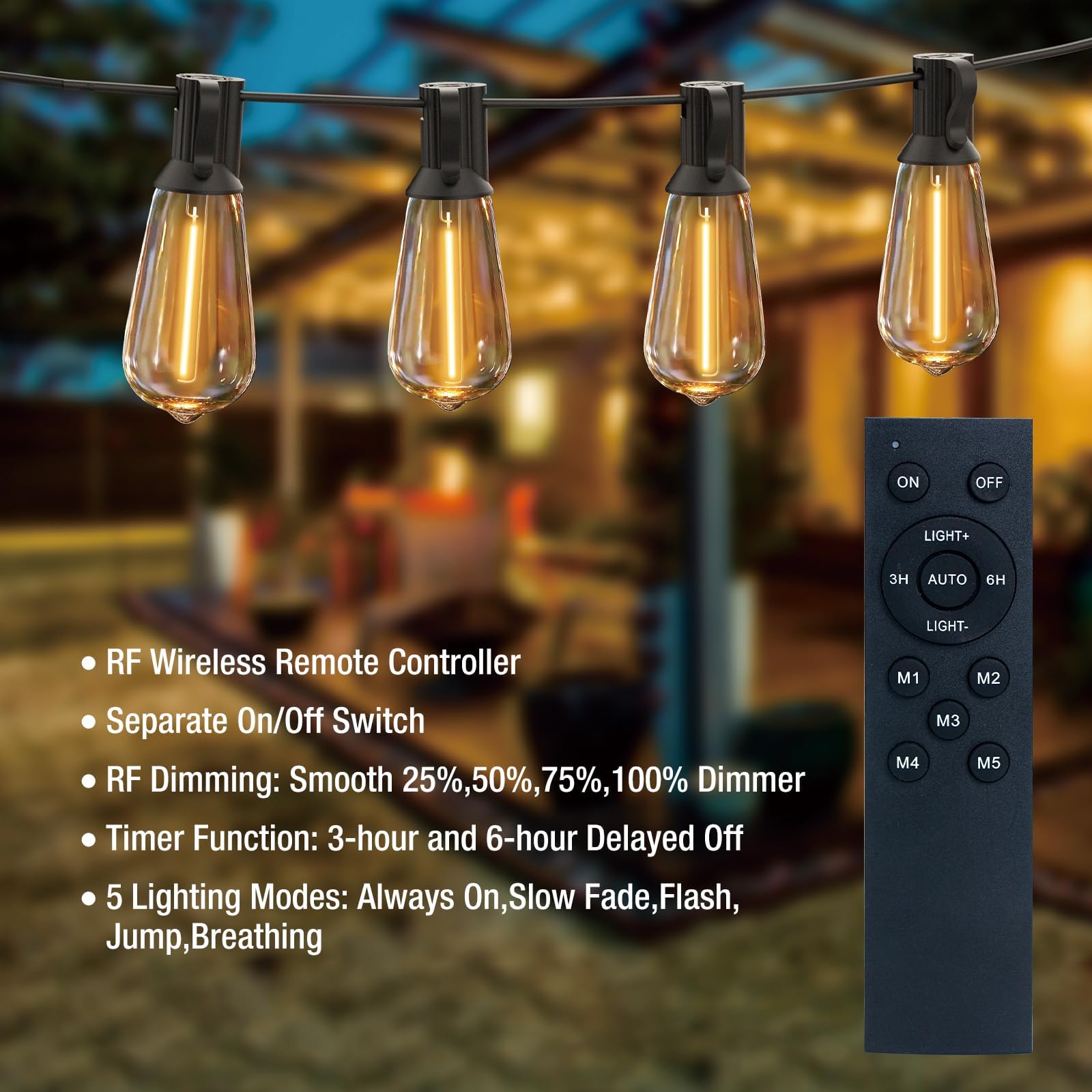 116FT Waterproof Outdoor String Lights with Shatterproof ST38 Edison Bulbs - Dimmable Patio Lights with Remote for Porch, Garden, Backyard | Perfect for Bistro, Gazebos, Fence & Outdoor Entertaining