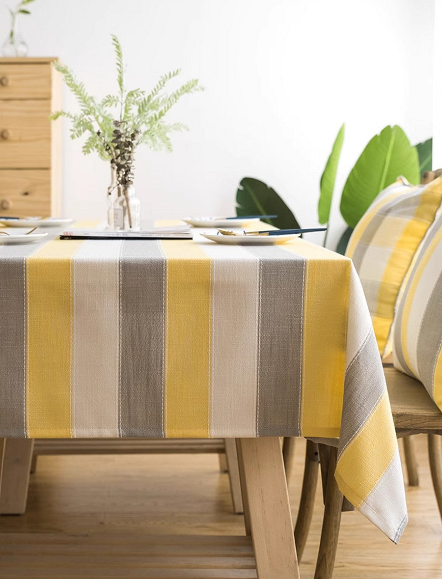 Yellow Stripe Cotton & Linen Tablecloth - Modern Rectangular Kitchen Table Cover for Dining Room & Oval Tables | Waterproof & Washable for Everyday Use & Special Occasions