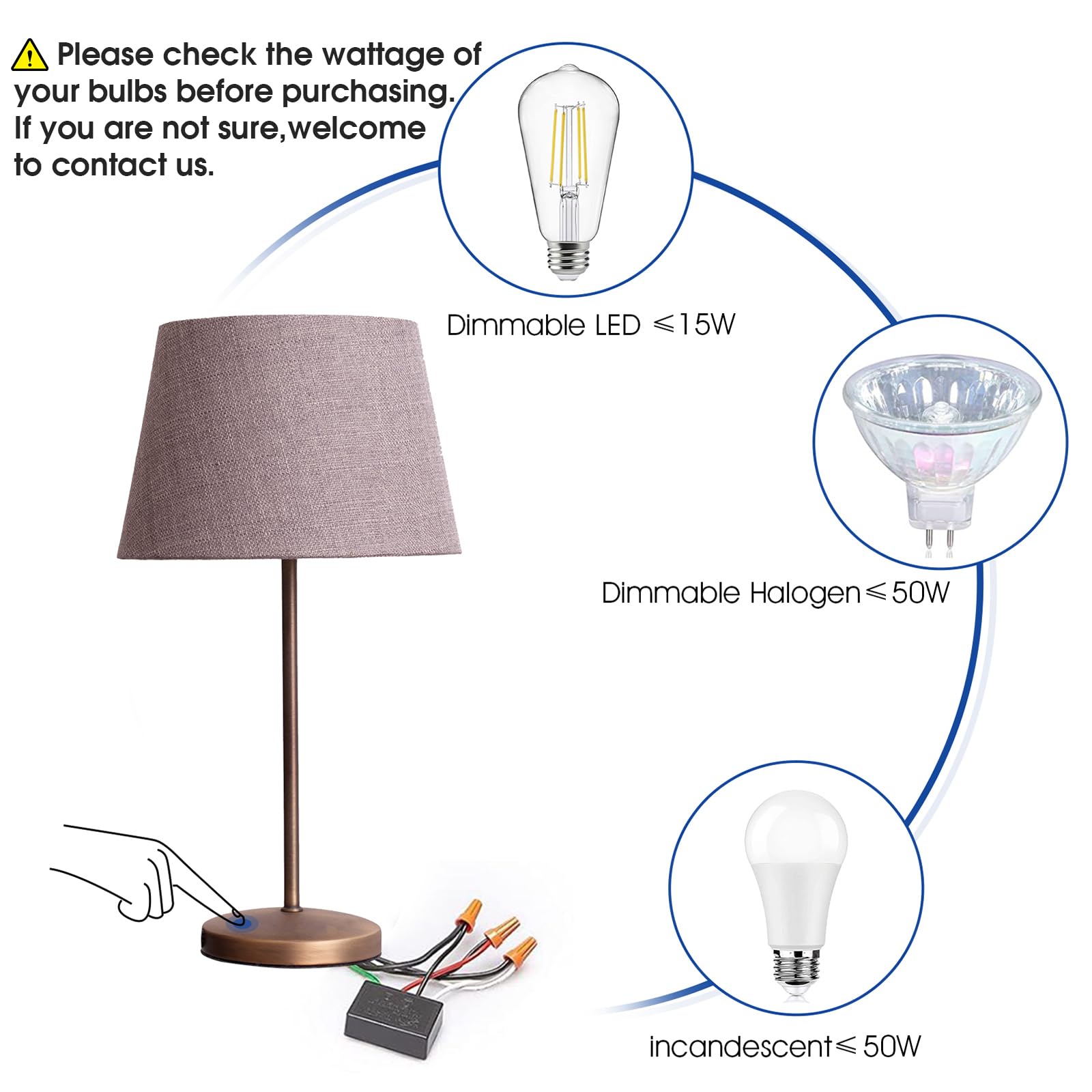2-Pack Touch Lamp Switch Control Module - Dimmable for LED, Incandescent & Halogen Bulbs - 3-Level Brightness Sensor with Wiring Caps - Perfect for Bedside Lamps, Living Room Lighting & Home Office Decor