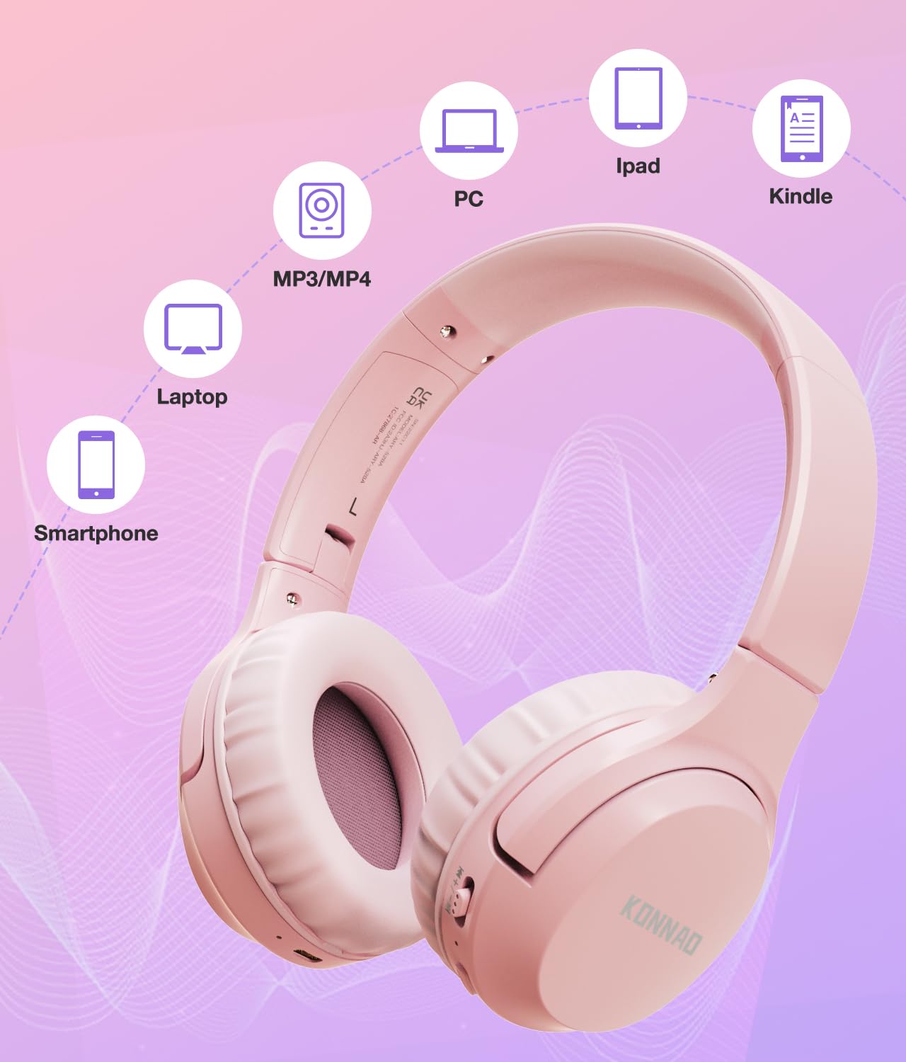 KONNAO Wireless Kids Headphones with Microphone - 60H Playtime, Foldable Over-Ear Design, Volume Limiter (85dB/94dB) for Safe Listening - Perfect for School, Online Classes, Travel & Gaming (Pink)