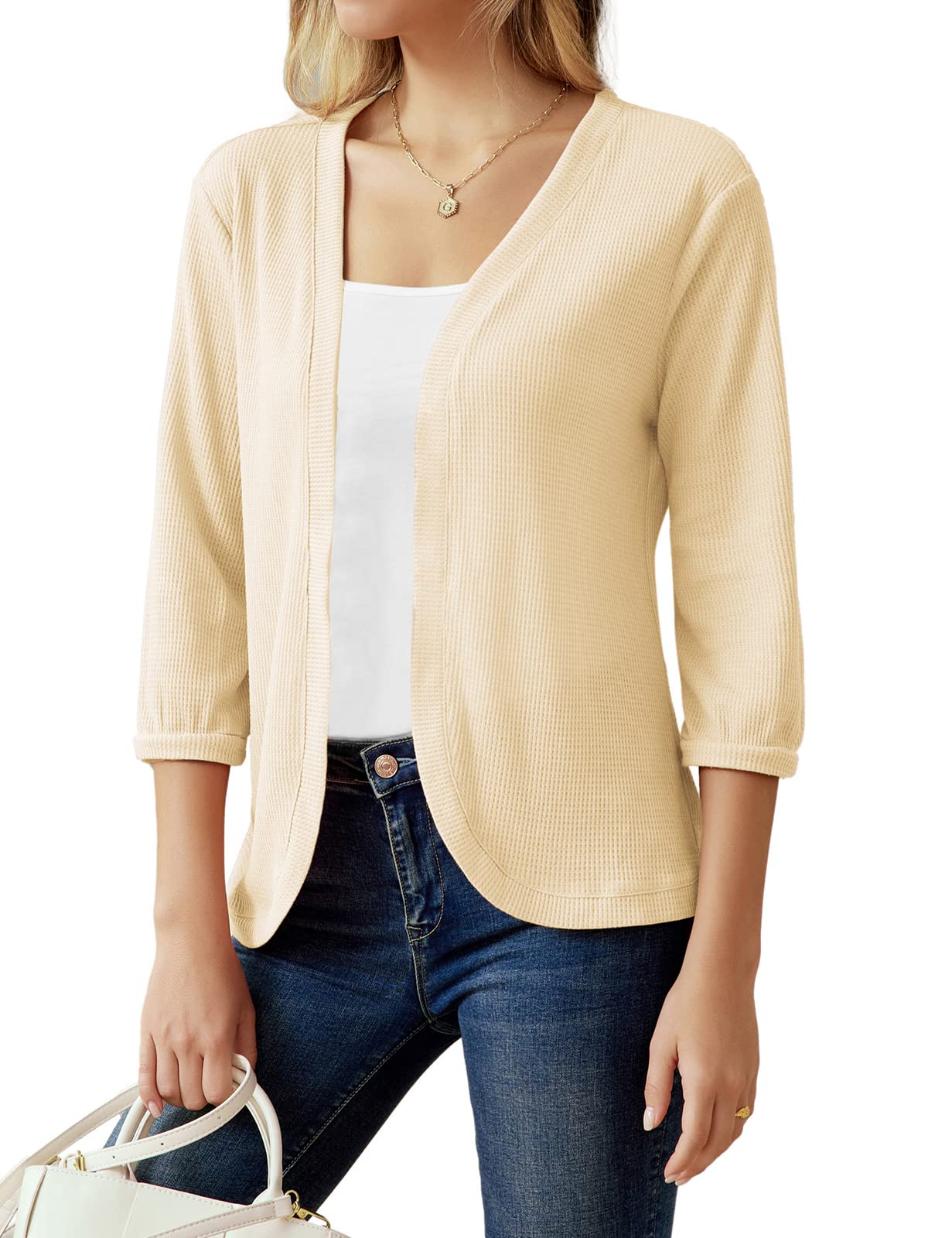 GRACE KARIN Women's Open Front Cardigan 3/4 Sleeve Waffle Knit Casual Sweater | Lightweight Button Down Cover Up for Spring & Fall | Perfect for Office, Date Night and Weekend Outfits