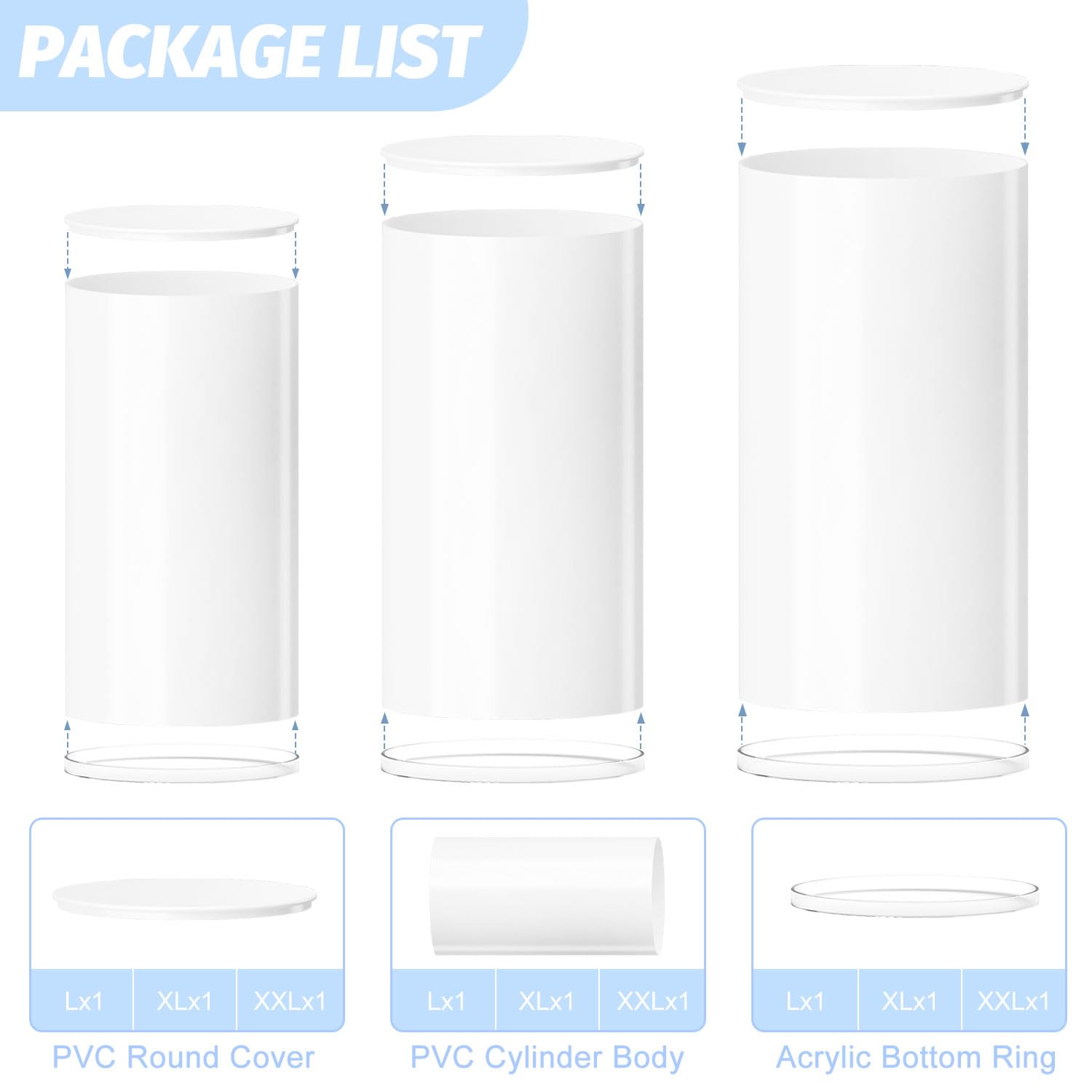 White Cylinder Pedestal Stand Set of 3 - Large Wedding Cake Stands, Party Display Pillars for Baby Showers, Birthdays & Events - Perfect for Dessert Tables, Centerpieces & Decorative Displays