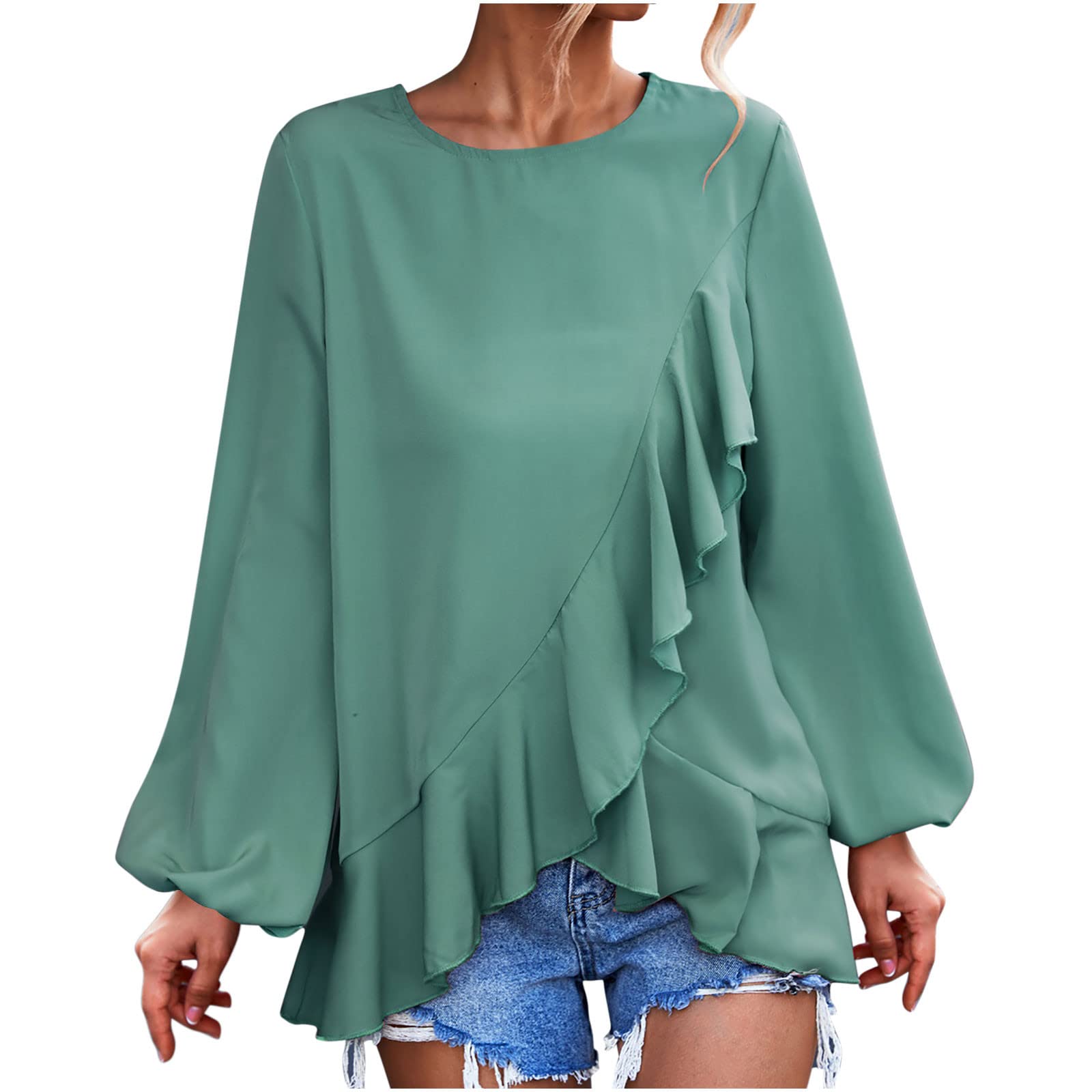 Trendy Women's Lantern Long Sleeve Blouse with Irregular Ruffle Trim - 2022 Casual Round Neck Solid Tunic Top for Work, Date Night & Everyday Wear