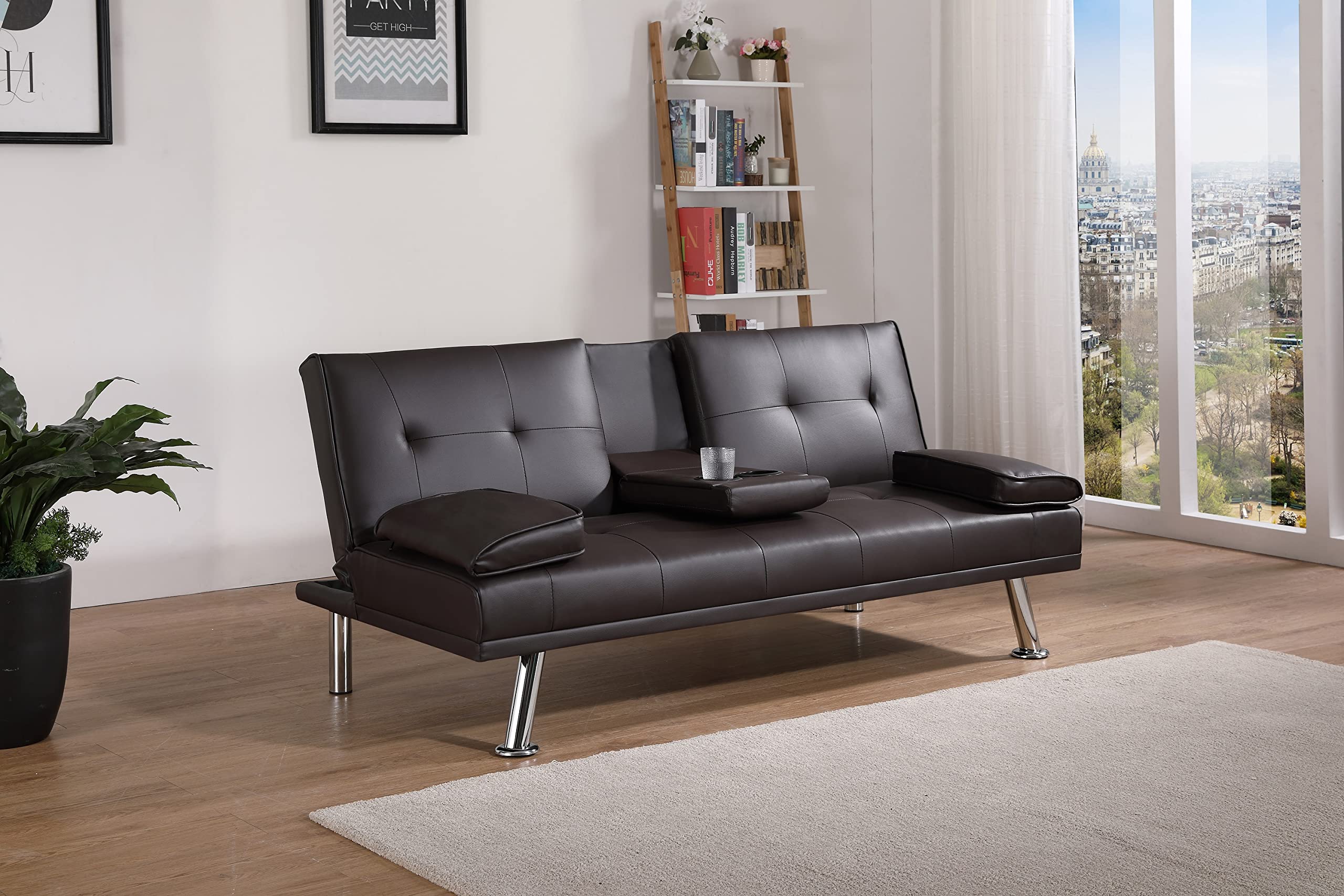 Modern Faux Leather Convertible Futon Sofa Bed - Foldable Sleeper Couch with Cup Holder for Small Spaces, Living Room, Apartment & Dorm - Bonus Room Furniture (Brown, 67