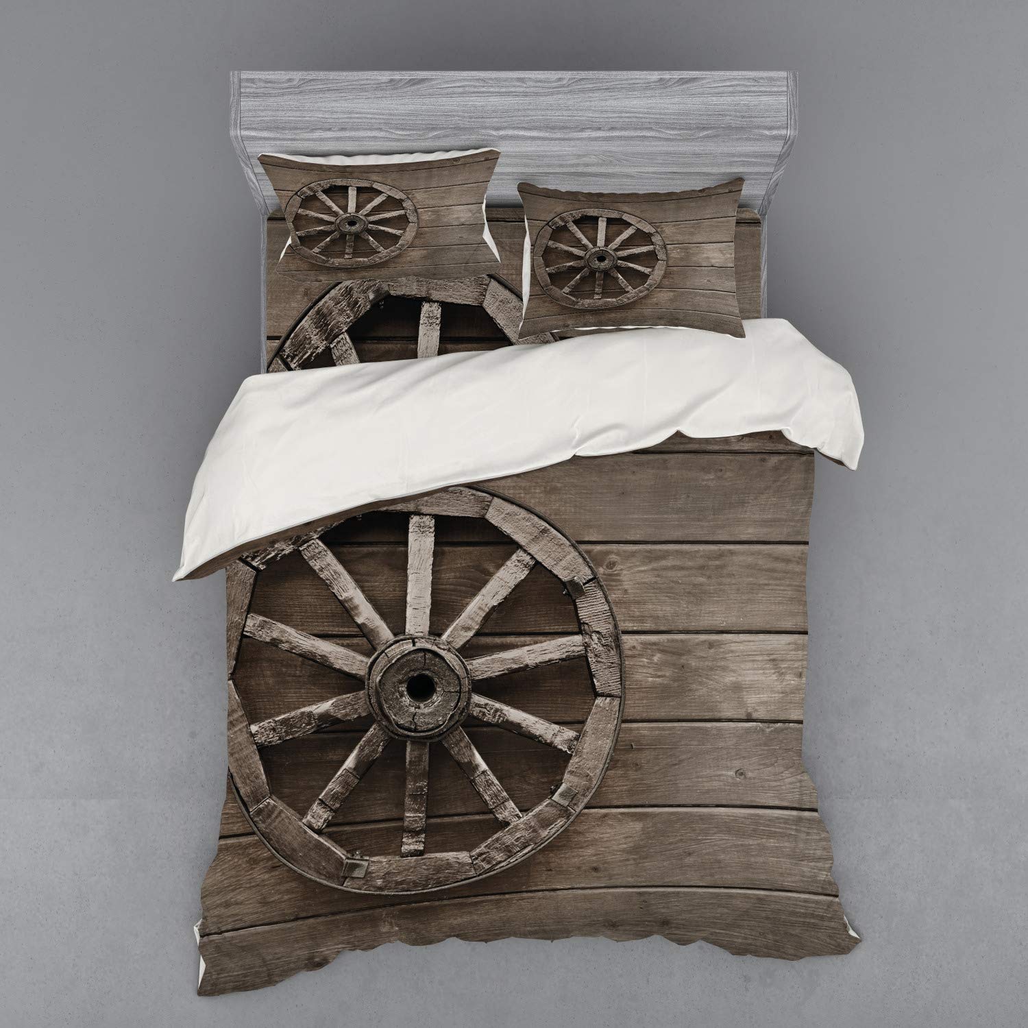 Ambesonne Vintage Barn Wood Wagon Wheel 4-Piece Queen Bedding Set - Western Style Duvet Cover with Shams & Fitted Sheet in Umber Brown | Perfect for Rustic Farmhouse, Country Cabin & Western Themed Bedrooms