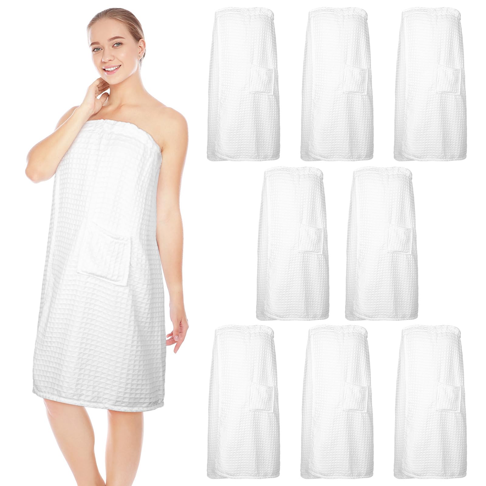 Tigeen 8-Piece Waffle Weave Bathrobe Set for Women - Knee-Length Spa Towel Wrap with Pockets & Adjustable Closure - Perfect for Shower, Poolside, and Post-Workout Relaxation