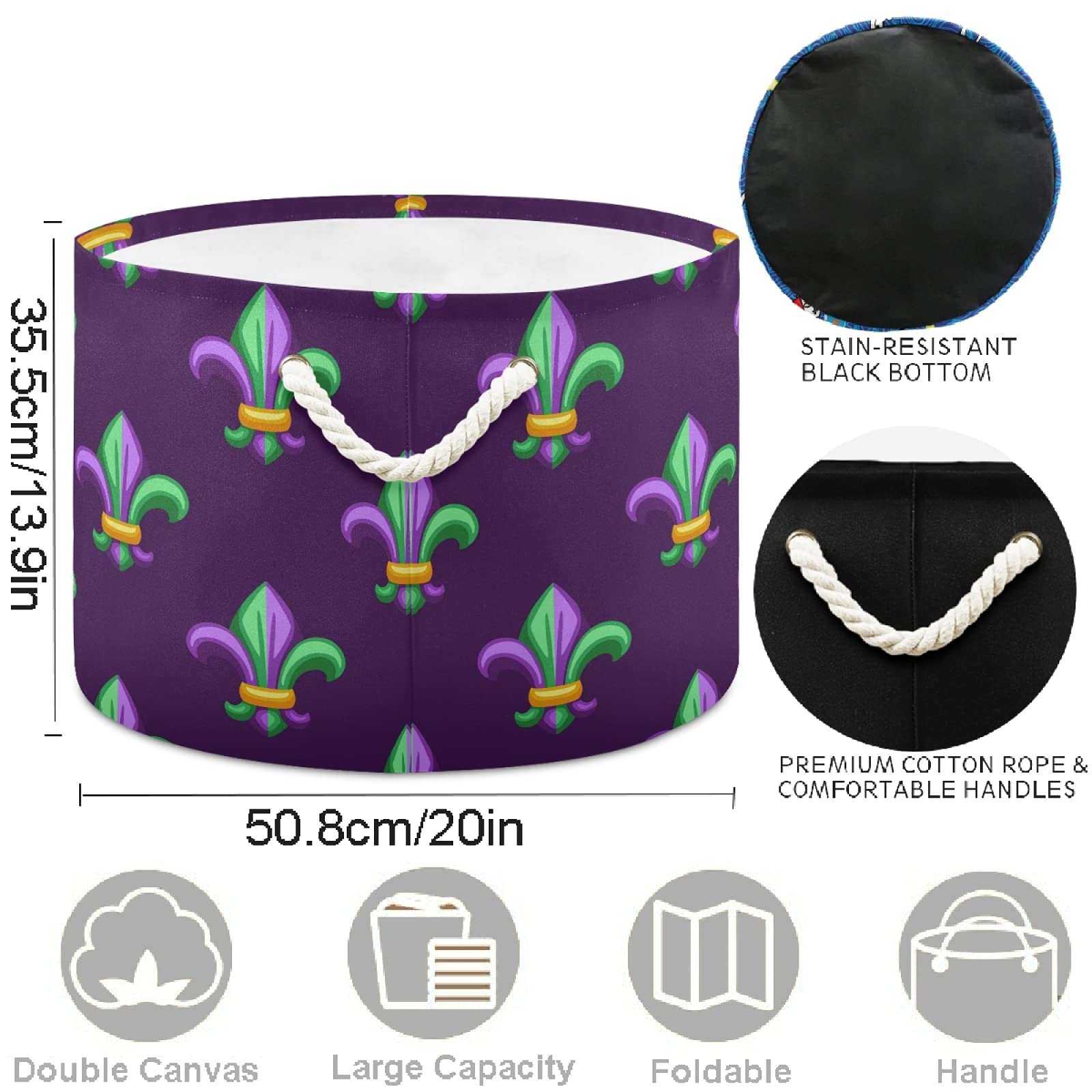 Visesunny Fleur De Lis Mardi Gras Carnival Laundry Basket - Collapsible Fabric Storage Bin for Clothes, Toys & Organizing - Perfect for Bathroom, Bedroom, Nursery, Closet & Office - Great for Laundry Day, Kids Room Storage & Home Organization