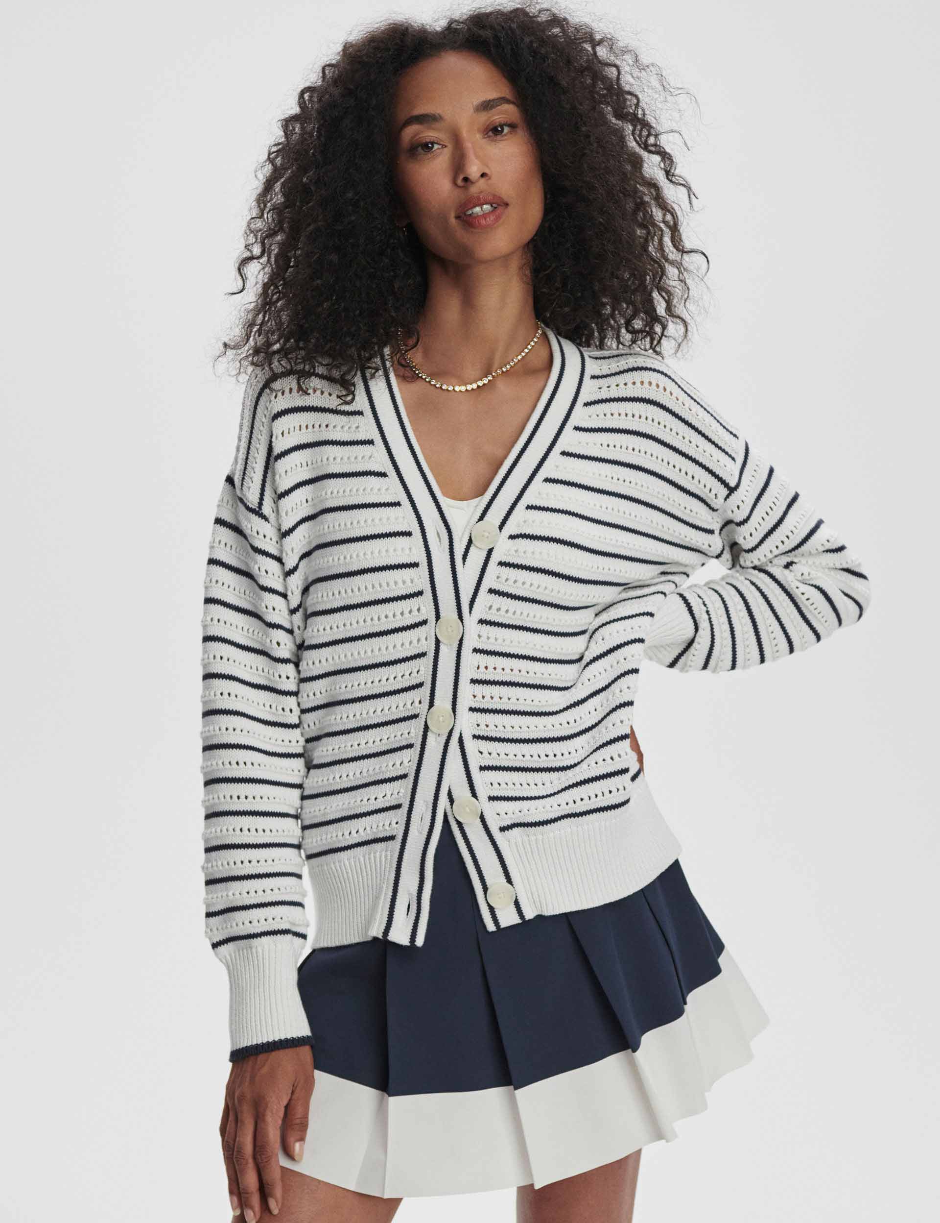 Antonia Relaxed Cardigan for Women - Soft Knit Open Front Sweater in White & Blue Nights - Perfect for Casual Wear, Office & Cozy Evenings