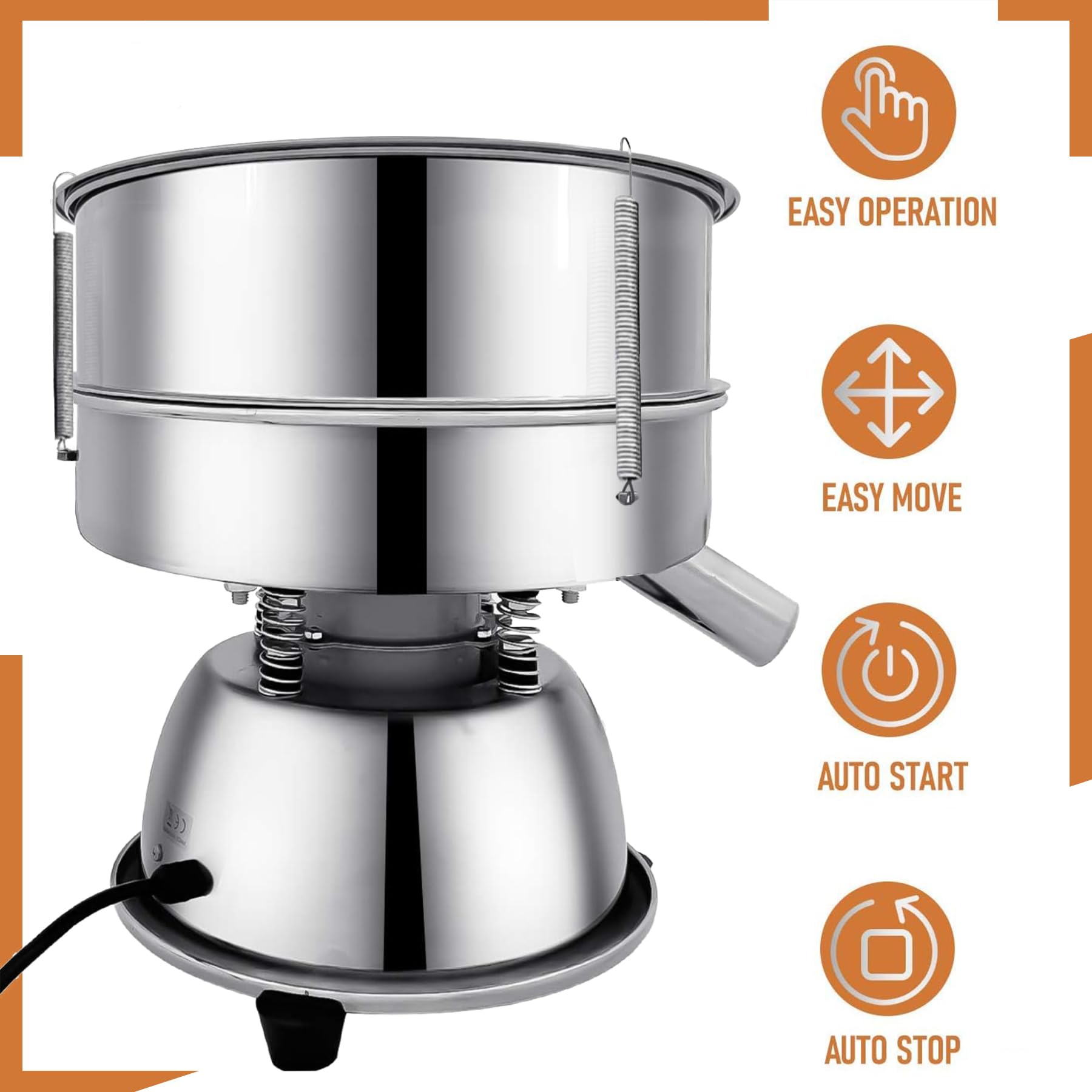 Stainless Steel Automatic Powder Sifter Machine - 10 Mesh & 60 Mesh Vibrating Sieve Shaker with 2 Screens for Flour & Baking Powders | 110V Electric Sifter for Commercial Kitchens & Bakeries