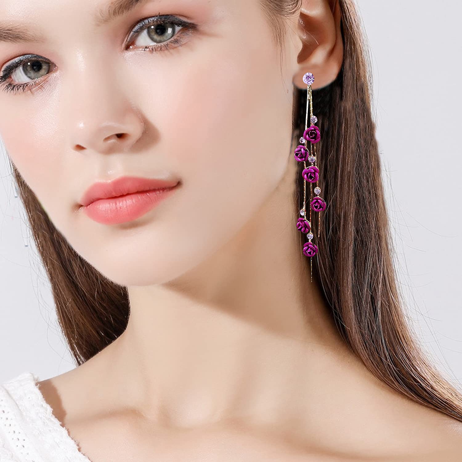 3D Rose Flower Crystal Long Tassel Drop Earrings for Women | CZ Rhinestone Rose Fashion Jewelry | Purple & Red Dangle Earrings | Perfect for Weddings, Parties & Gifts | Elegant Evening Wear & Special Occasion Accessories