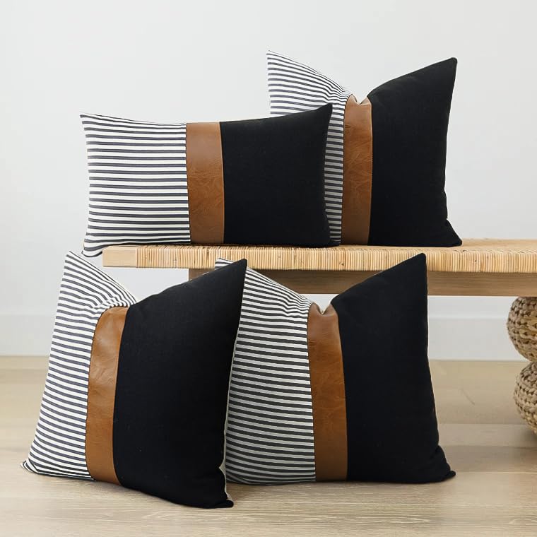 Premium 22x22 Inch Linen Pillow Covers Set of 2 - Farmhouse Stripe Patchwork Design with Faux Leather Accents - Navy Blue Decorative Throw Pillow Covers for Sofa, Couch & Bed - Perfect for Living Room, Bedroom & Home Decor