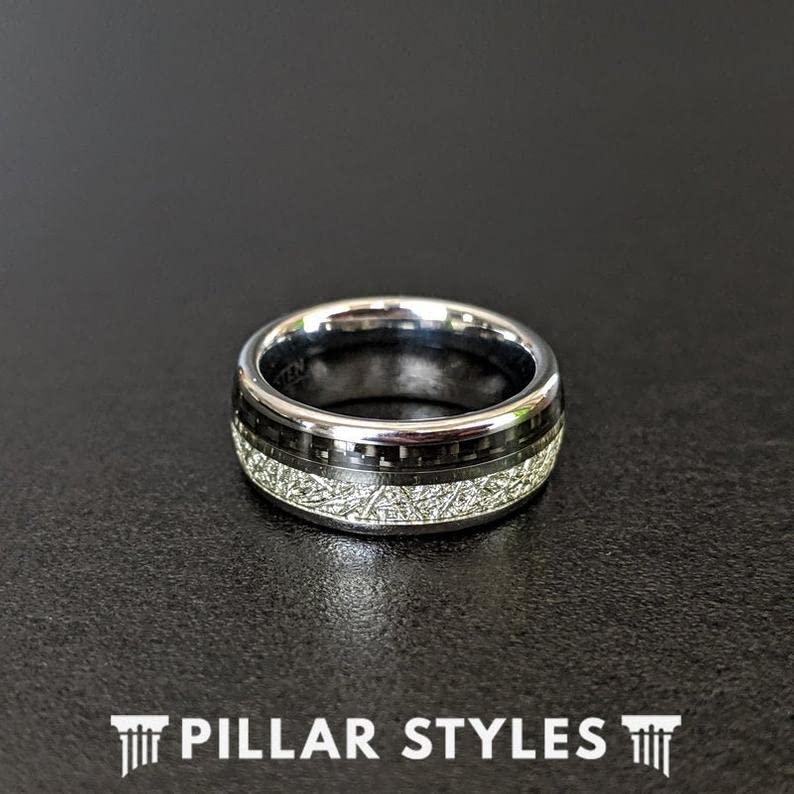 Men's Tungsten Wedding Band - 8mm Black Carbon Fiber & Silver Meteorite Ring with Comfort Fit | Unique Space Rock Anniversary Gift for Him | Perfect for Engagements, Weddings & Special Occasions